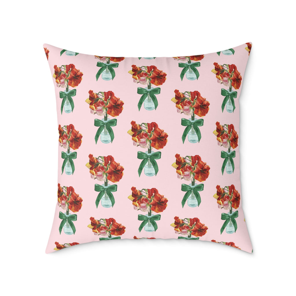 Floral Amaryllis Pillow — Pink Canvas Throw Pillow with Red Blooms & Green Bow - Blue Cava