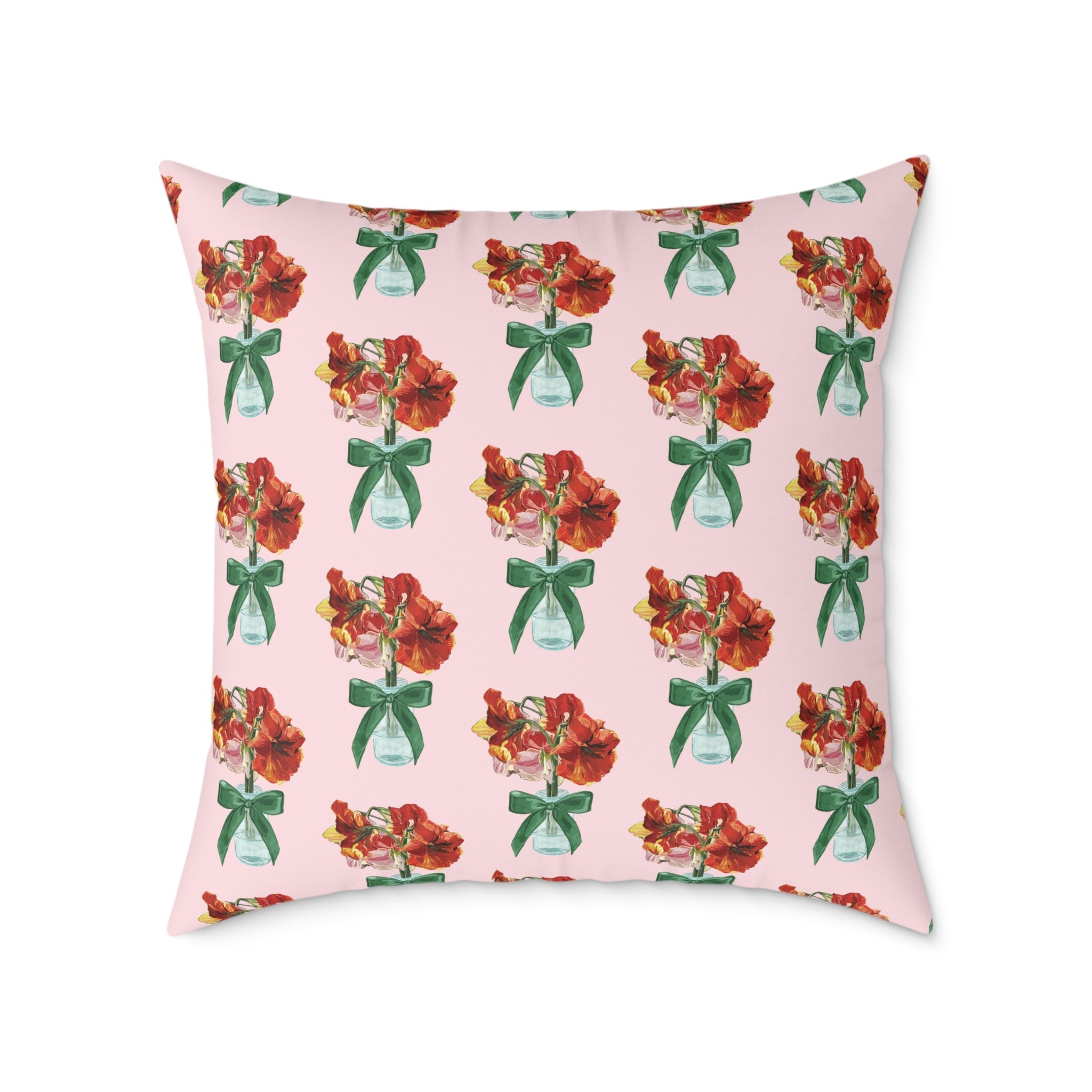 Floral Amaryllis Pillow — Pink Canvas Throw Pillow with Red Blooms & Green Bow - Blue Cava