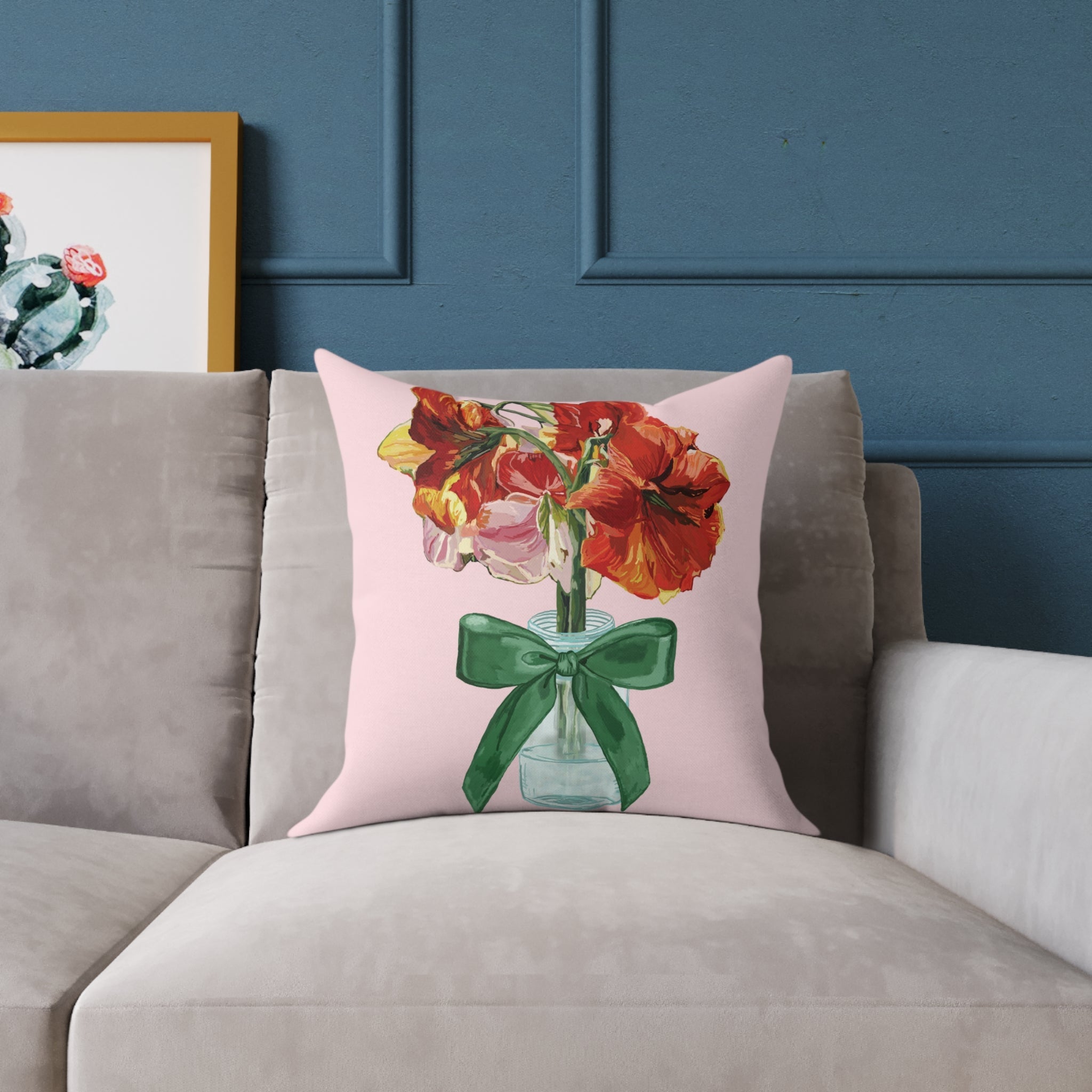 Floral Amaryllis Pillow — Pink Canvas Throw Pillow with Red Blooms & Green Bow - Blue Cava