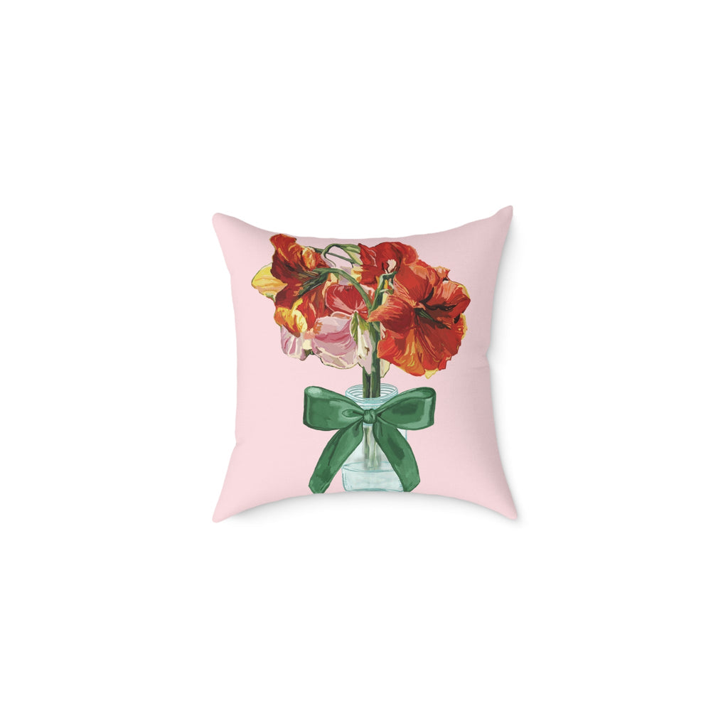 Floral Amaryllis Pillow — Pink Canvas Throw Pillow with Red Blooms & Green Bow - Blue Cava