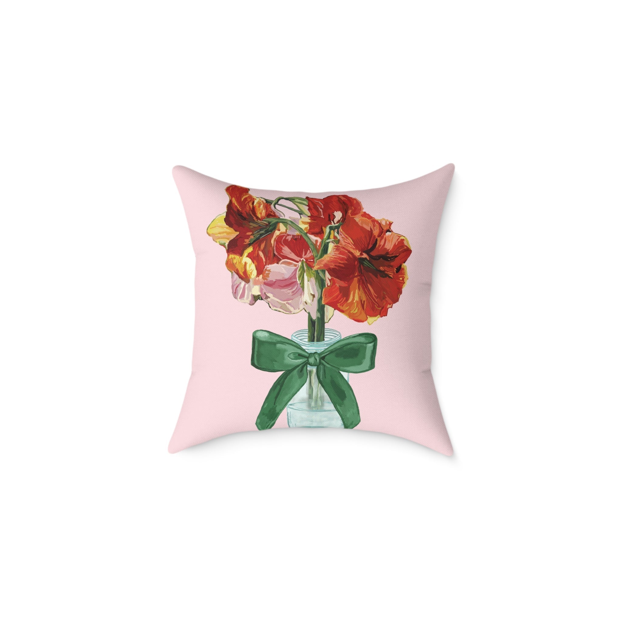 Floral Amaryllis Pillow — Pink Canvas Throw Pillow with Red Blooms & Green Bow - Blue Cava