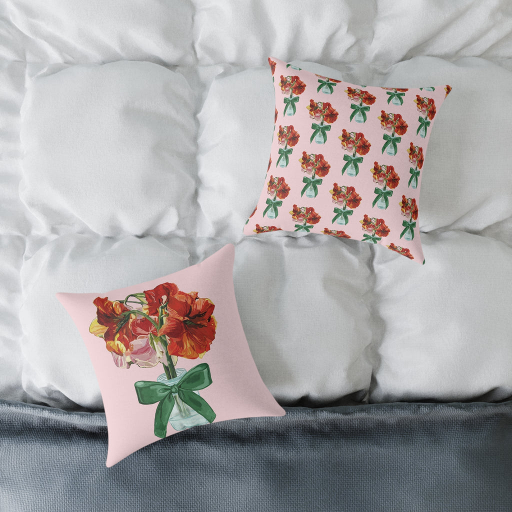Floral Amaryllis Pillow — Pink Canvas Throw Pillow with Red Blooms & Green Bow - Blue Cava