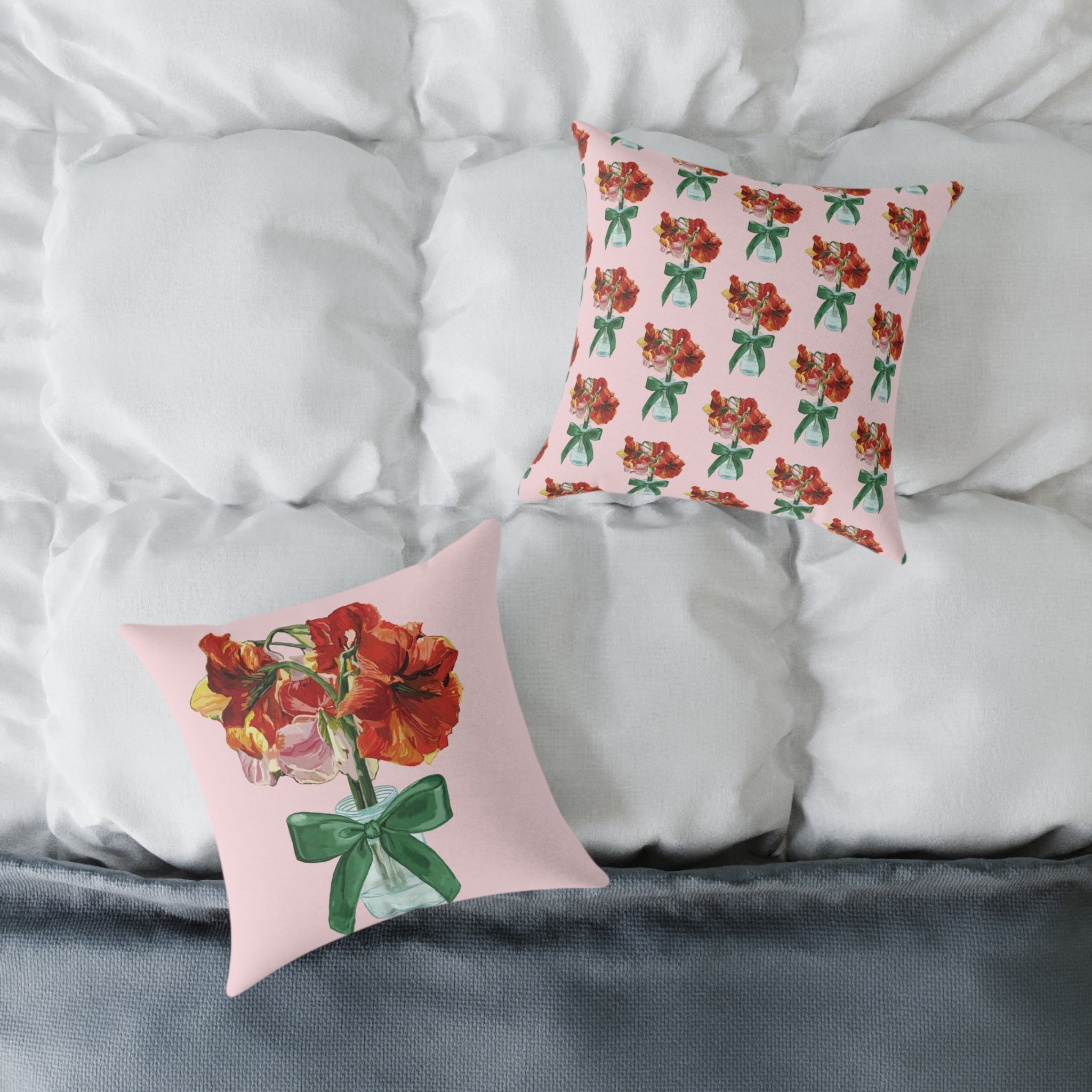 Floral Amaryllis Pillow — Pink Canvas Throw Pillow with Red Blooms & Green Bow - Blue Cava