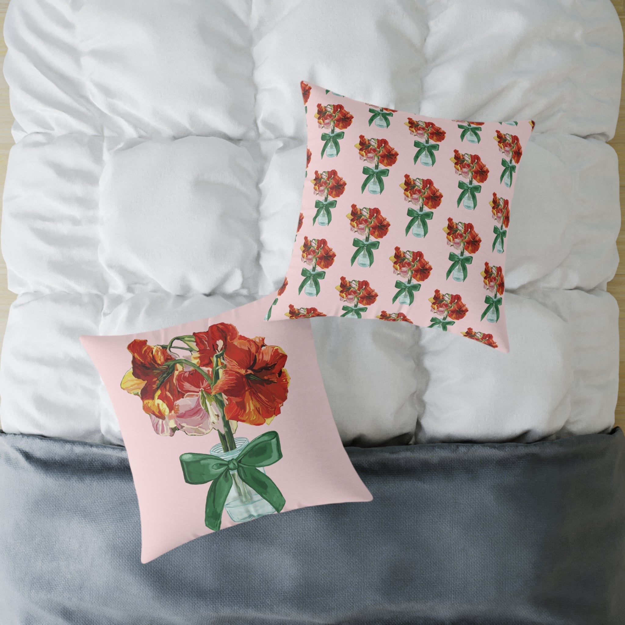Floral Amaryllis Pillow — Pink Canvas Throw Pillow with Red Blooms & Green Bow - Blue Cava