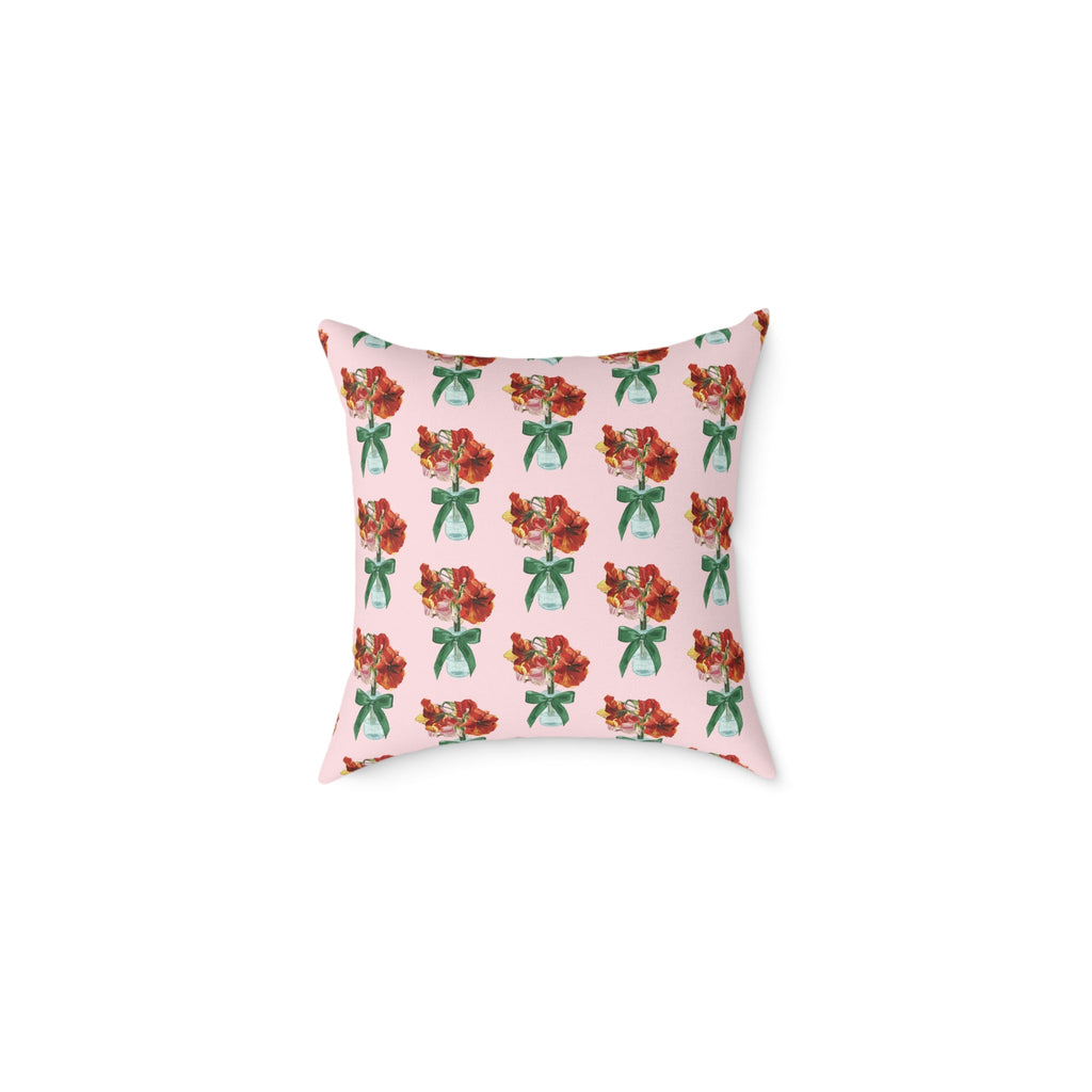 Floral Amaryllis Pillow — Pink Canvas Throw Pillow with Red Blooms & Green Bow - Blue Cava