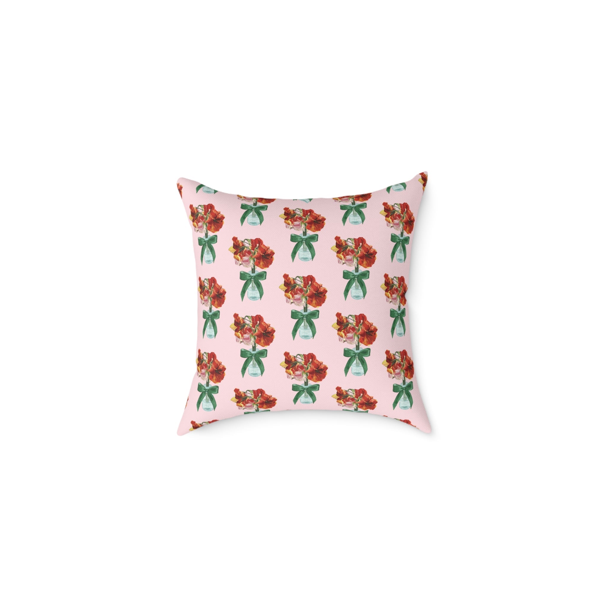 Floral Amaryllis Pillow — Pink Canvas Throw Pillow with Red Blooms & Green Bow - Blue Cava