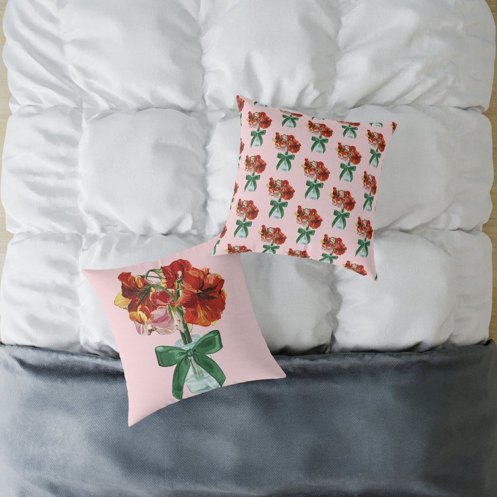 Floral Amaryllis Pillow — Pink Canvas Throw Pillow with Red Blooms & Green Bow - Blue Cava