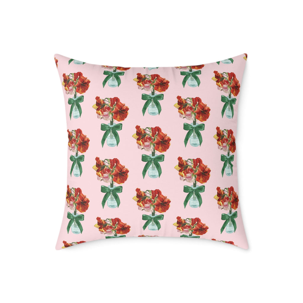 Floral Amaryllis Pillow — Pink Canvas Throw Pillow with Red Blooms & Green Bow - Blue Cava