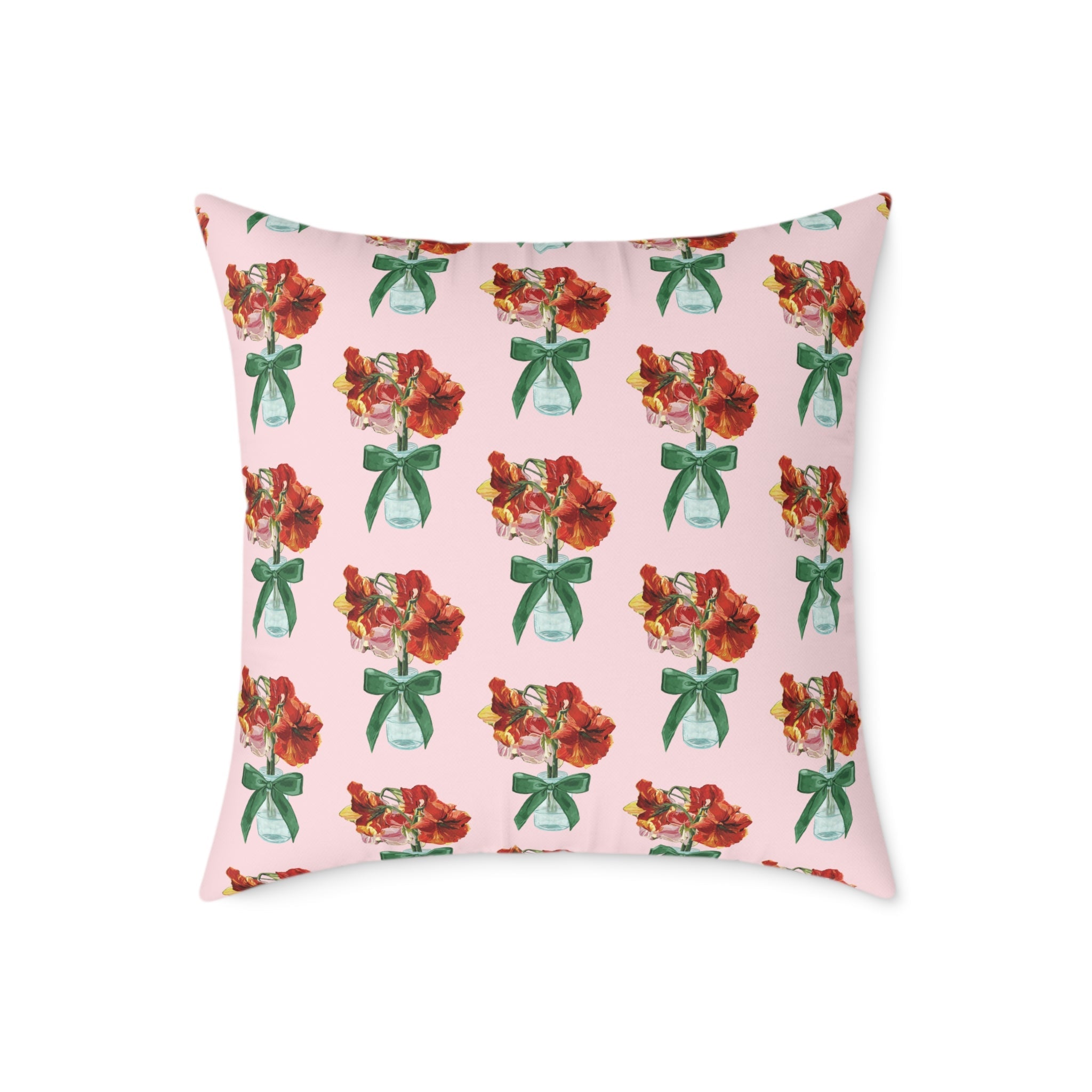 Floral Amaryllis Pillow — Pink Canvas Throw Pillow with Red Blooms & Green Bow - Blue Cava