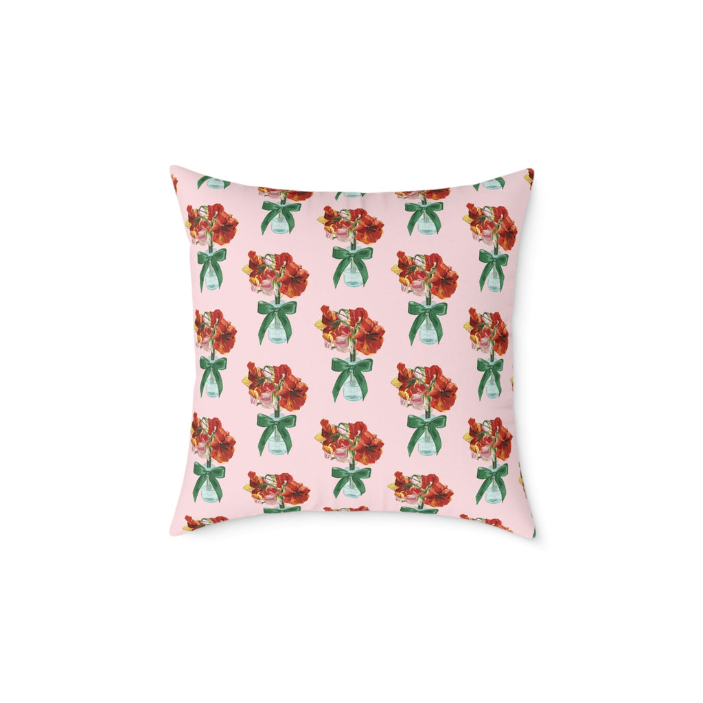 Floral Amaryllis Pillow — Pink Canvas Throw Pillow with Red Blooms & Green Bow - Blue Cava