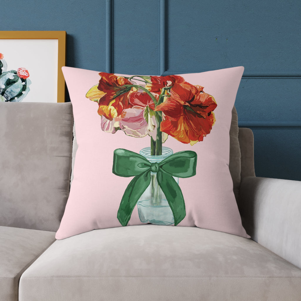 Floral Amaryllis Pillow — Pink Canvas Throw Pillow with Red Blooms & Green Bow - Blue Cava