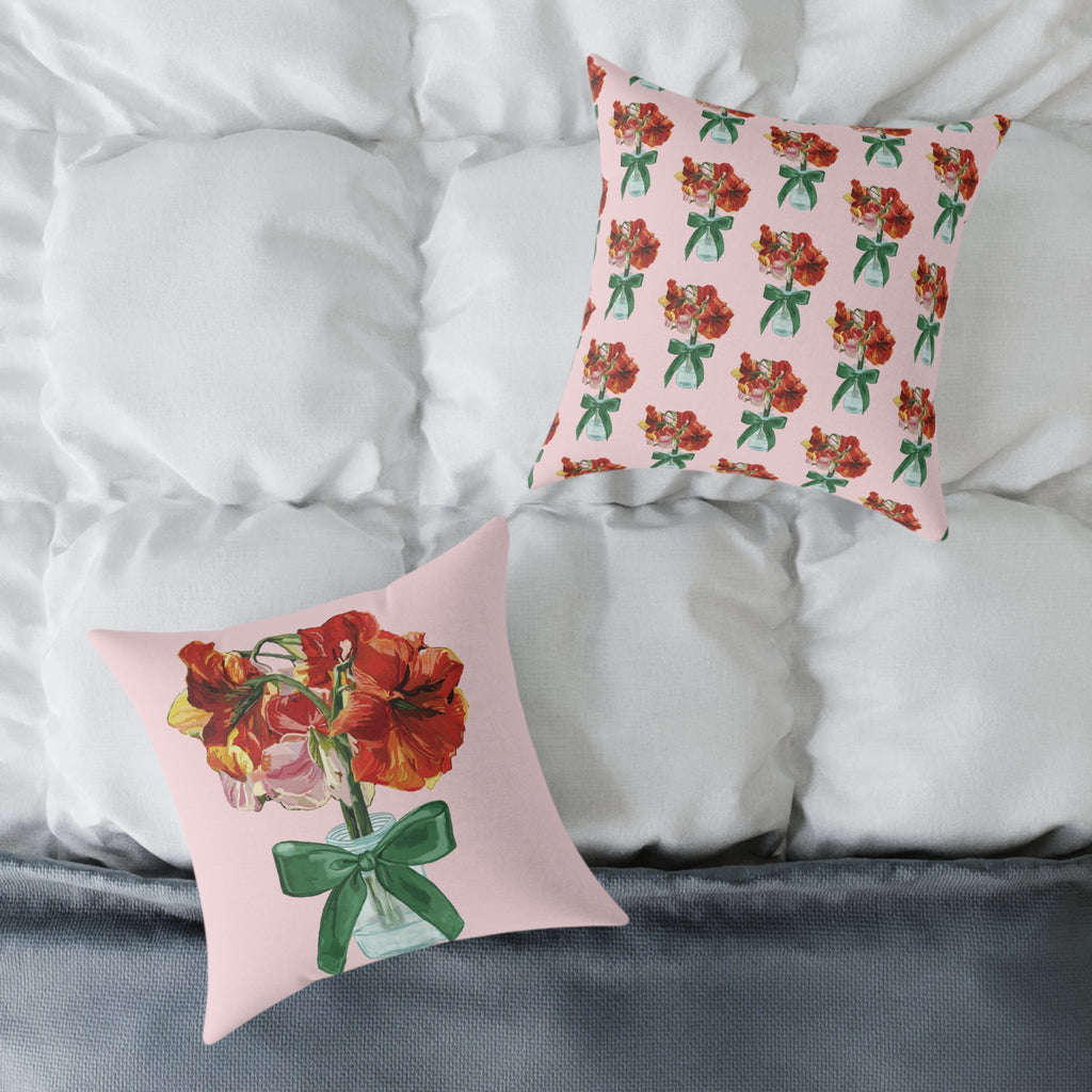 Floral Amaryllis Pillow — Pink Canvas Throw Pillow with Red Blooms & Green Bow - Blue Cava
