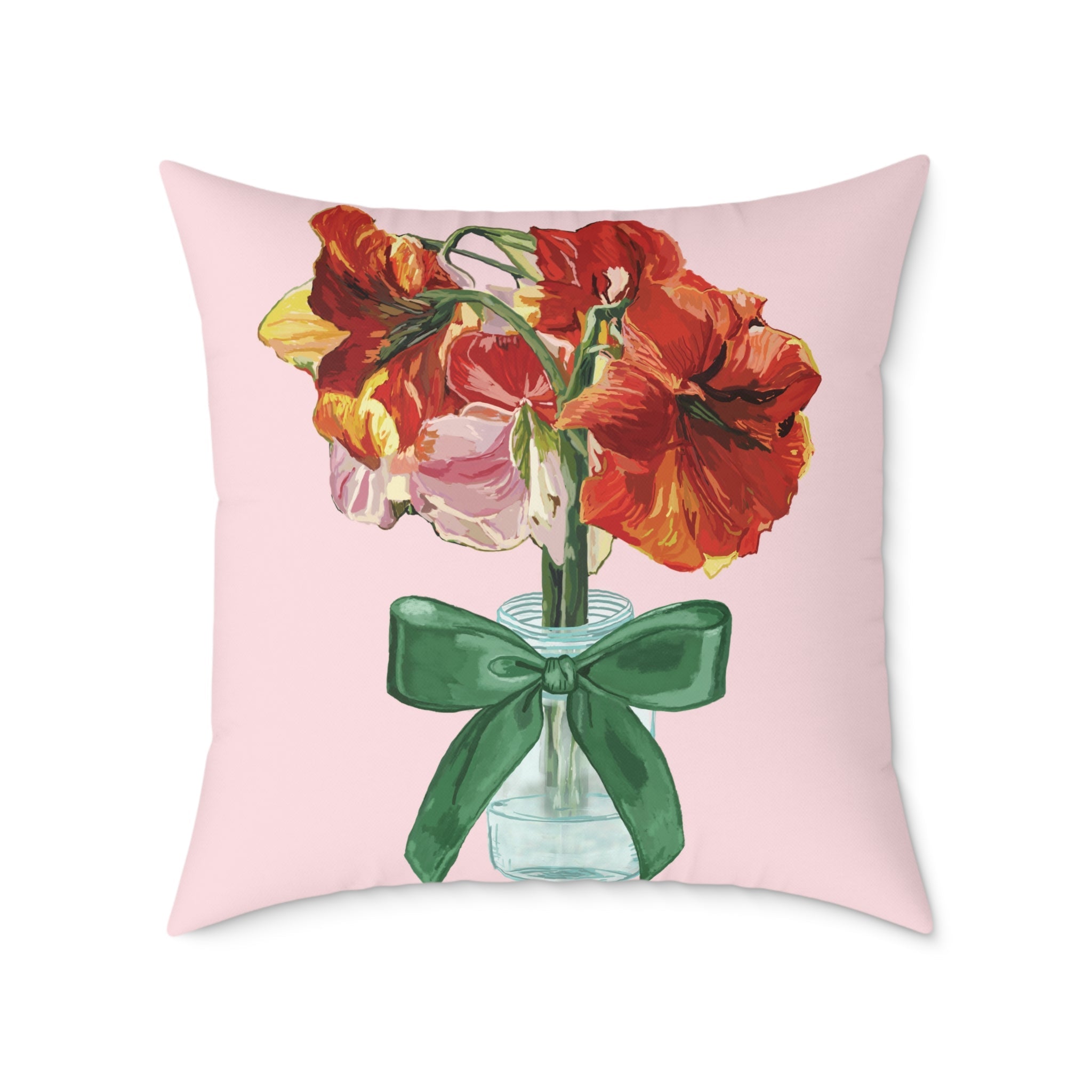 Floral Amaryllis Pillow — Pink Canvas Throw Pillow with Red Blooms & Green Bow - Blue Cava