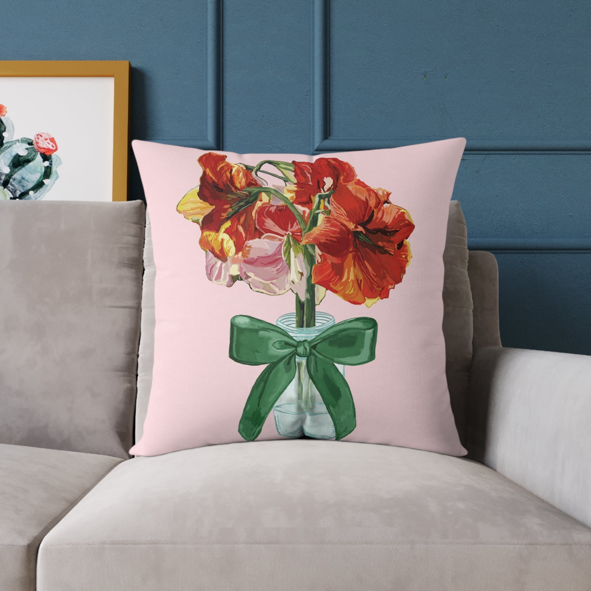 Floral Amaryllis Pillow — Pink Canvas Throw Pillow with Red Blooms & Green Bow - Blue Cava