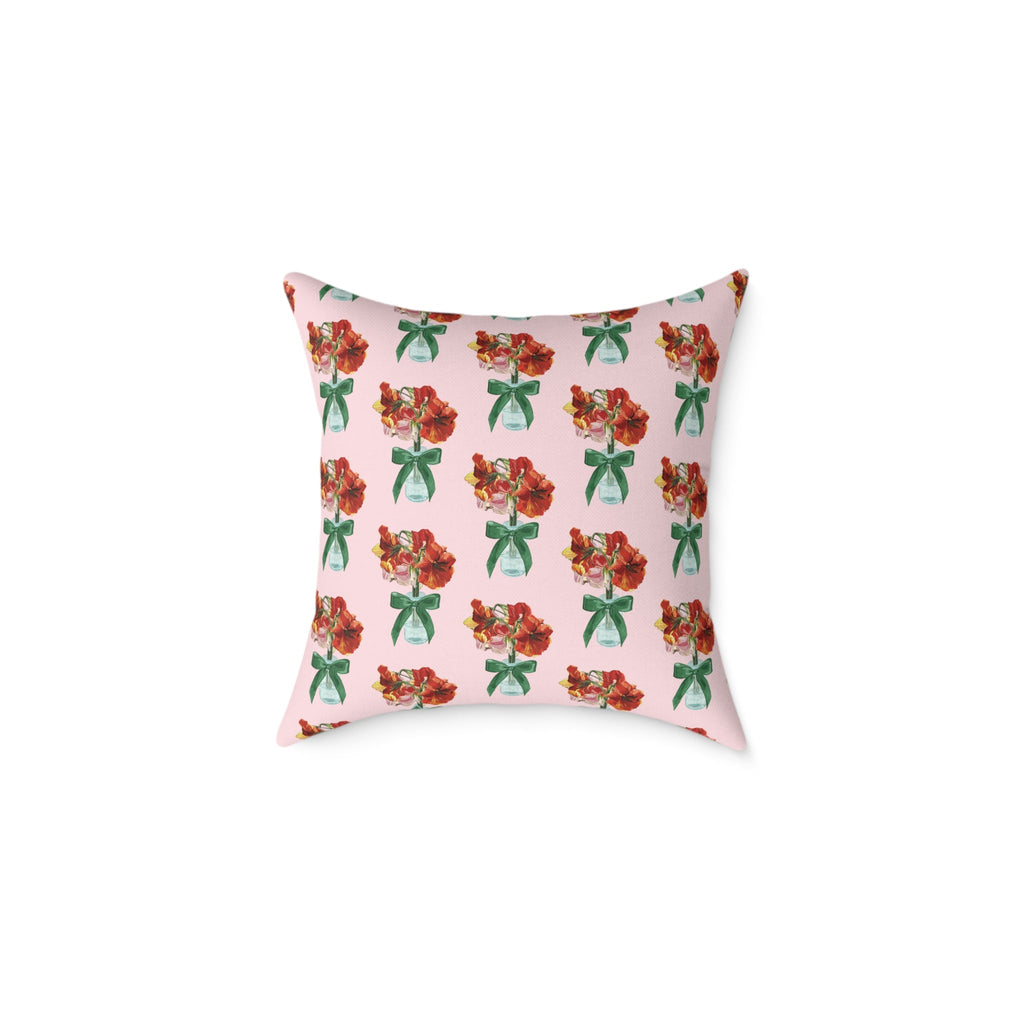 Floral Amaryllis Pillow — Pink Canvas Throw Pillow with Red Blooms & Green Bow - Blue Cava
