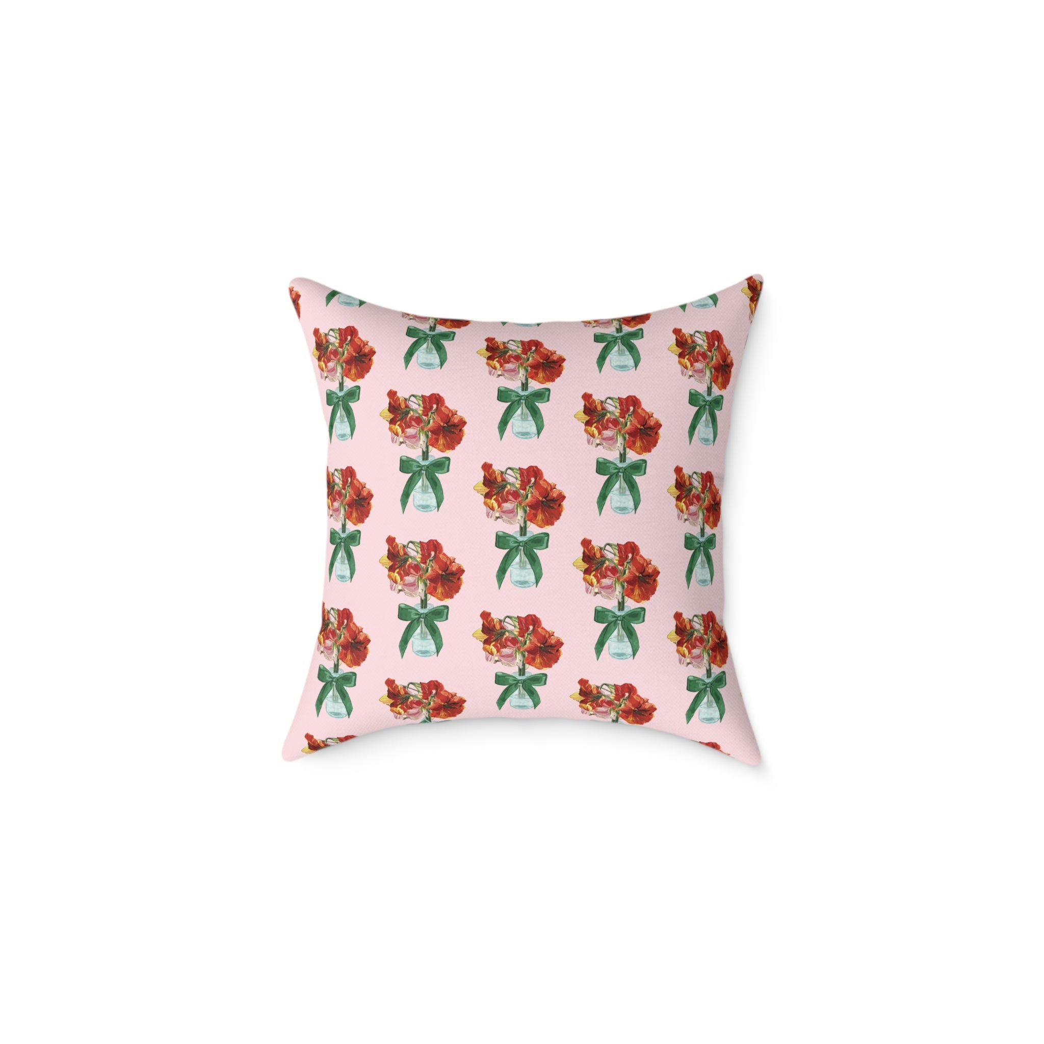 Floral Amaryllis Pillow — Pink Canvas Throw Pillow with Red Blooms & Green Bow - Blue Cava