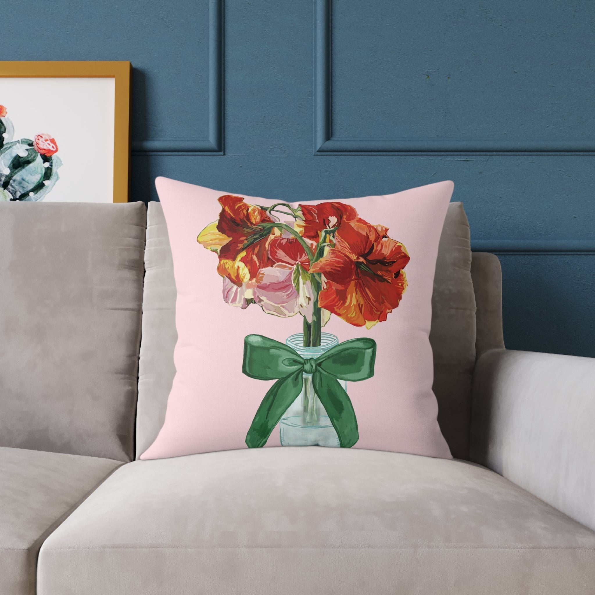 Floral Amaryllis Pillow — Pink Canvas Throw Pillow with Red Blooms & Green Bow - Blue Cava