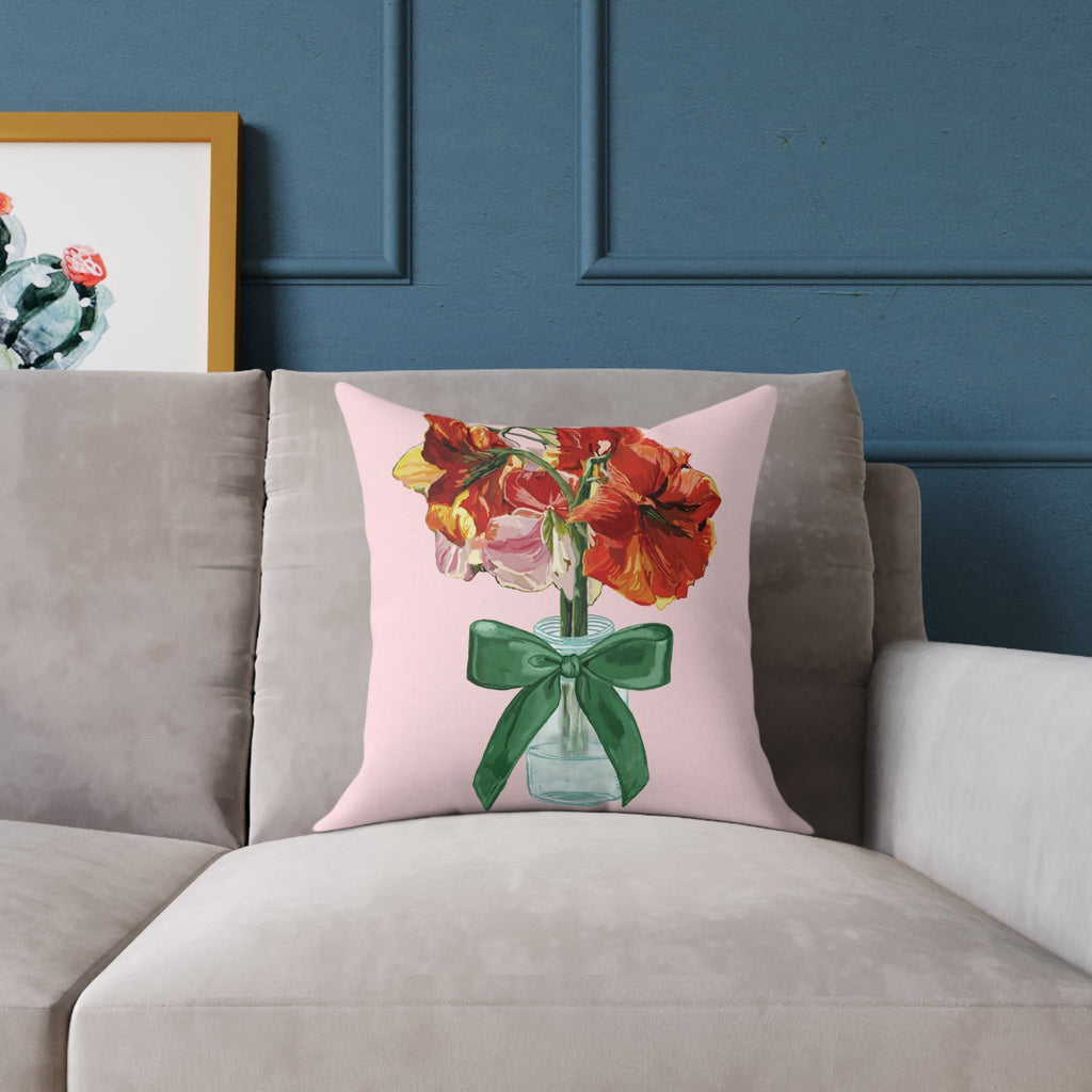 Floral Amaryllis Pillow — Pink Canvas Throw Pillow with Red Blooms & Green Bow - Blue Cava