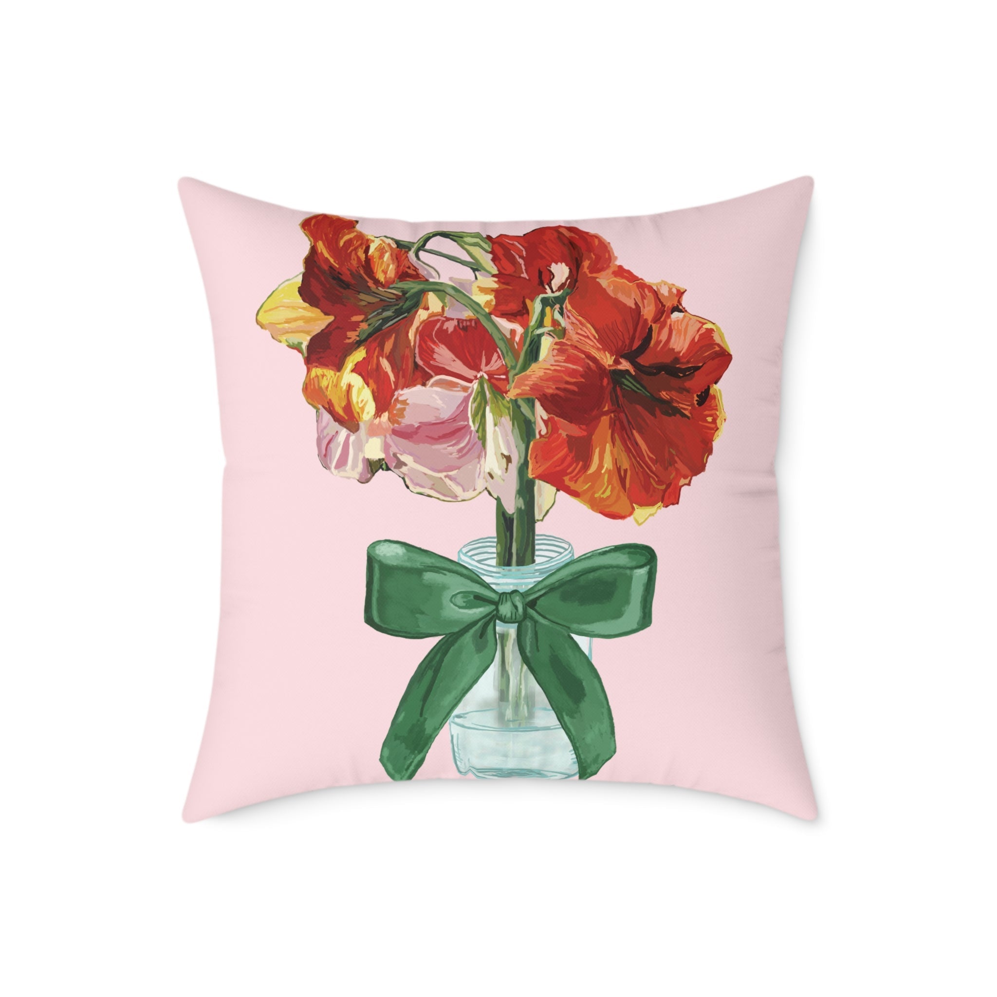 Floral Amaryllis Pillow — Pink Canvas Throw Pillow with Red Blooms & Green Bow - Blue Cava
