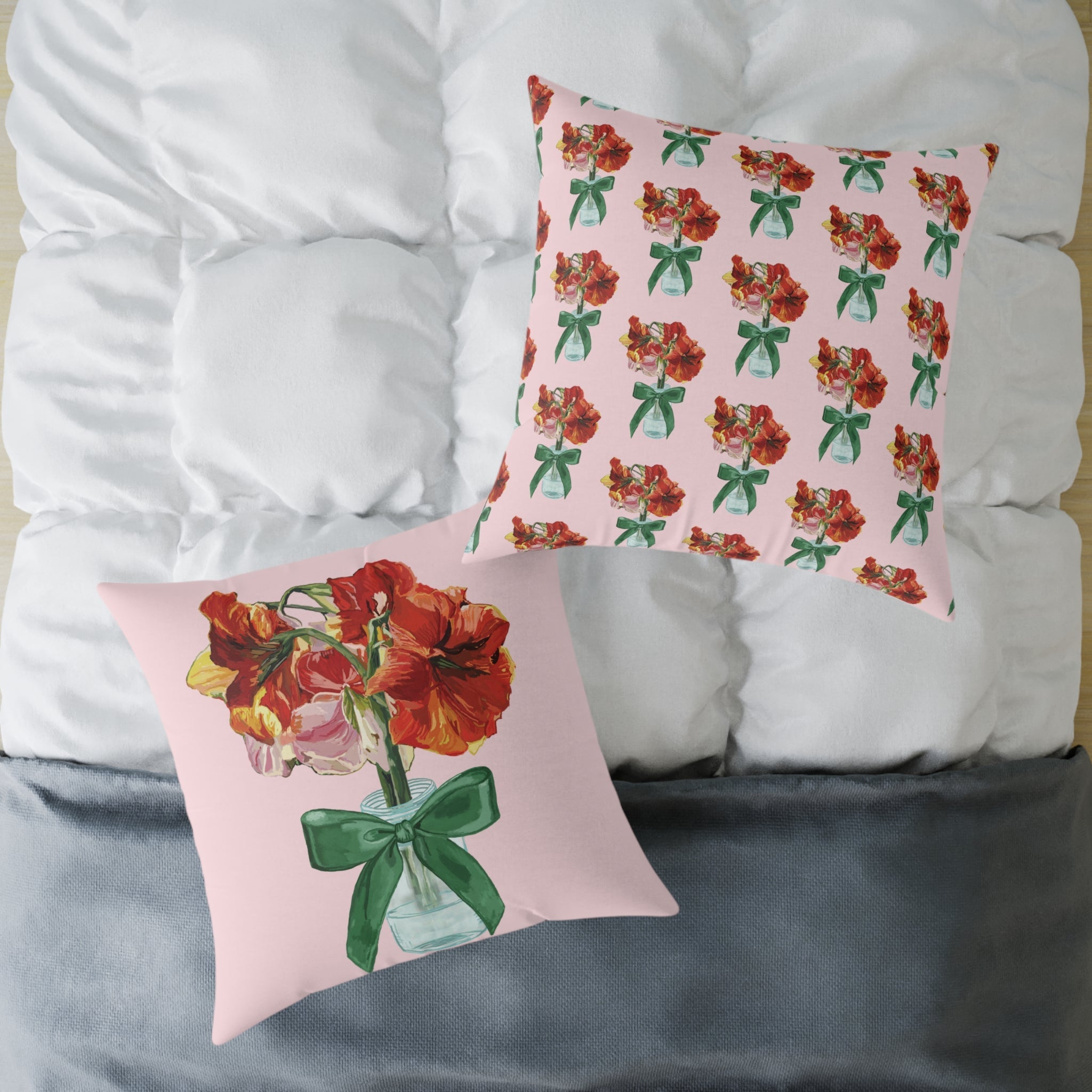 Floral Amaryllis Pillow — Pink Canvas Throw Pillow with Red Blooms & Green Bow - Blue Cava