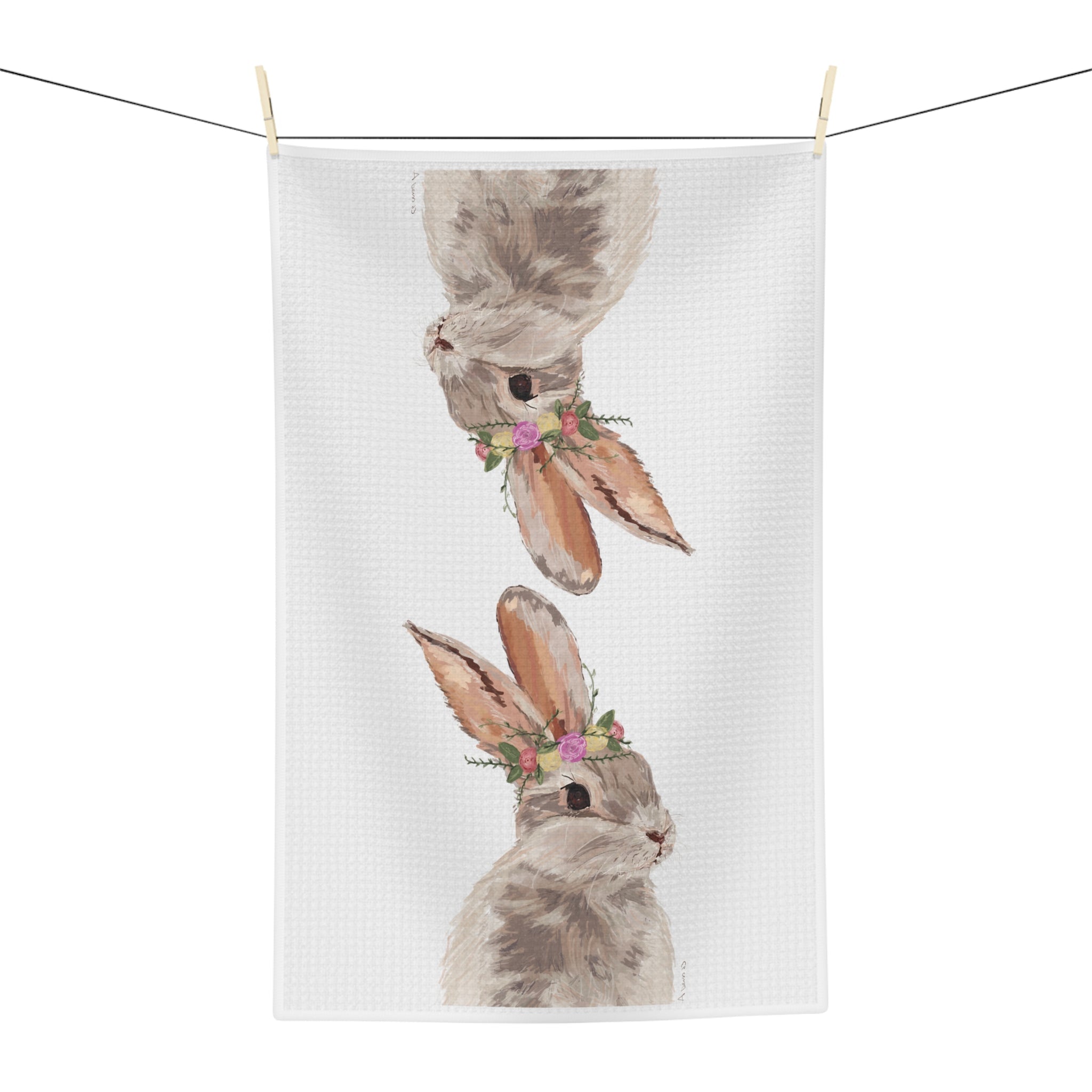 Floral Bunny Microfiber Waffle Kitchen Towel - Blue Cava