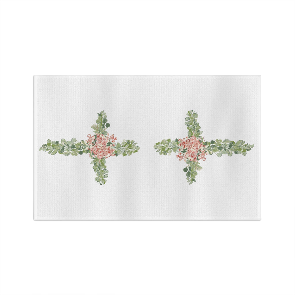 Floral Cross Microfiber Waffle Kitchen Towel - Blue Cava