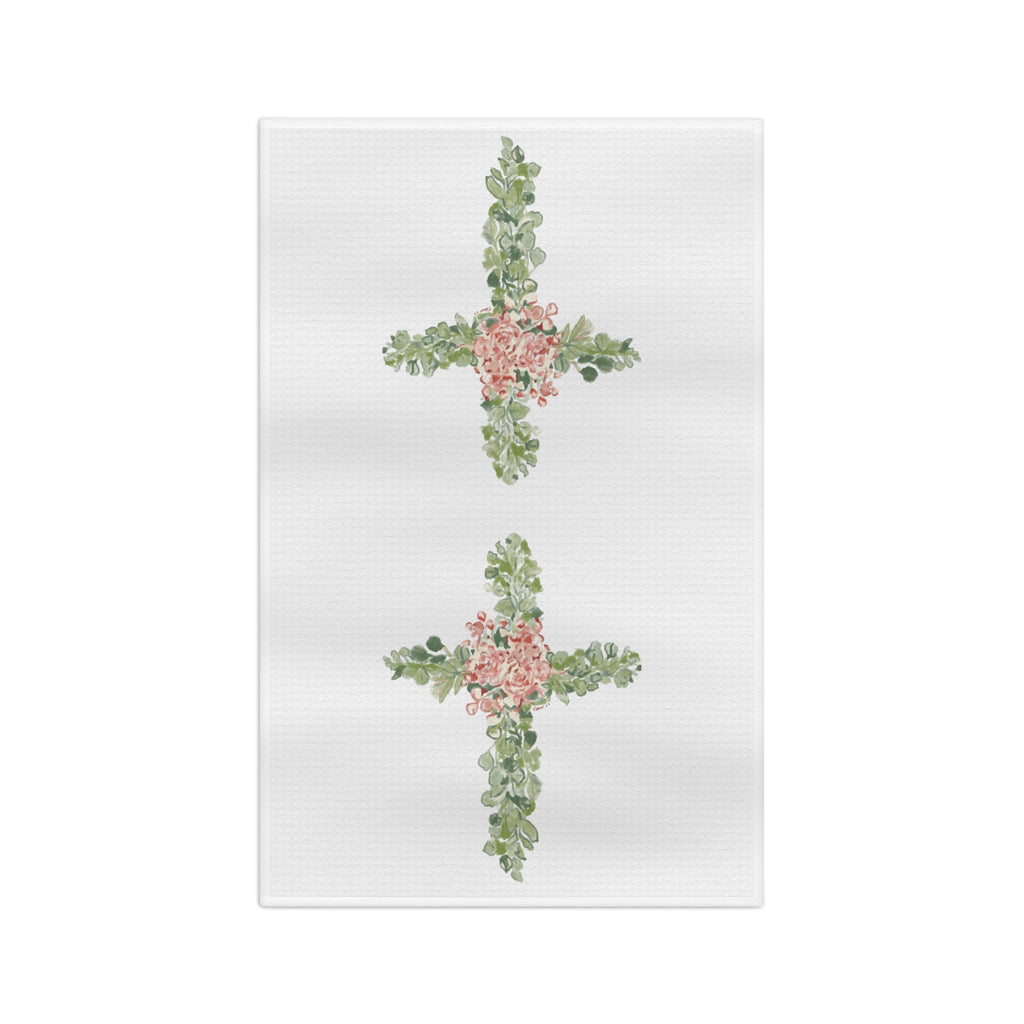 Floral Cross Microfiber Waffle Kitchen Towel - Blue Cava