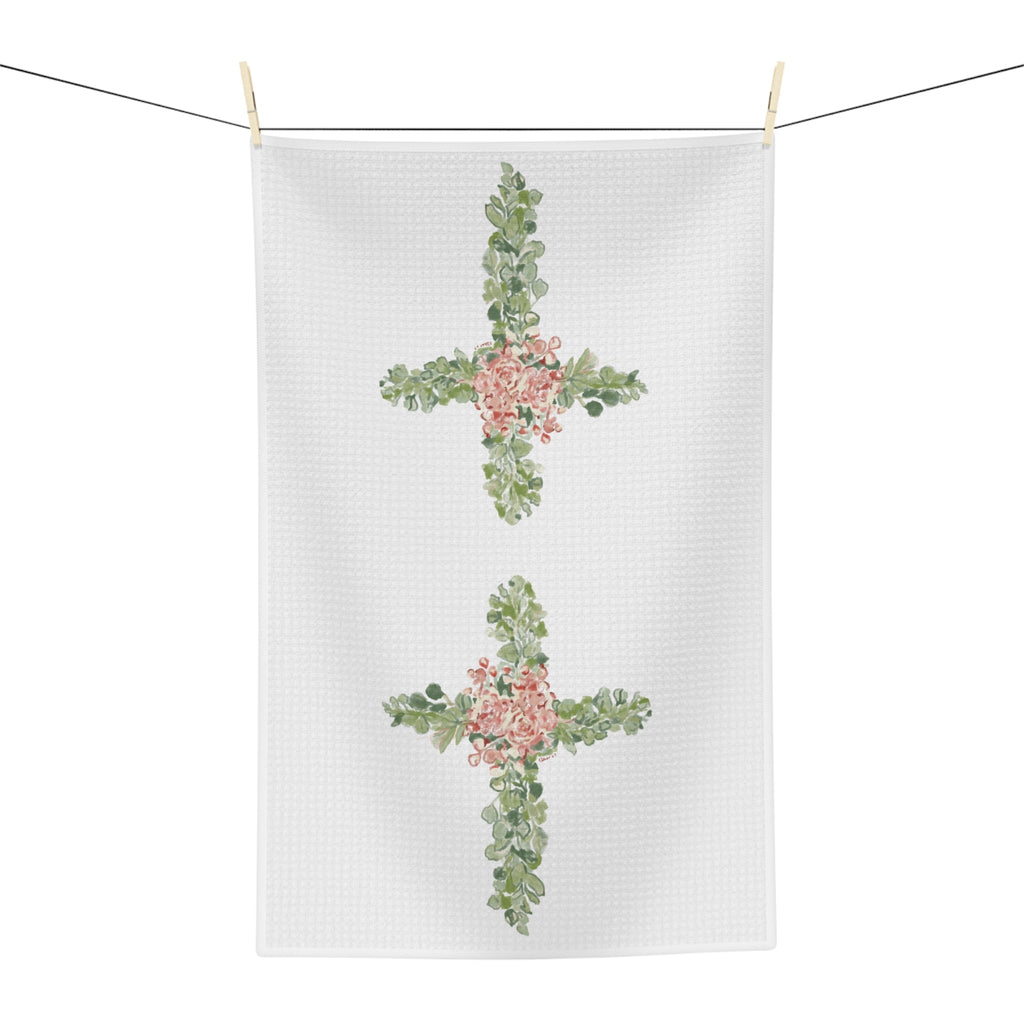 Floral Cross Microfiber Waffle Kitchen Towel - Blue Cava