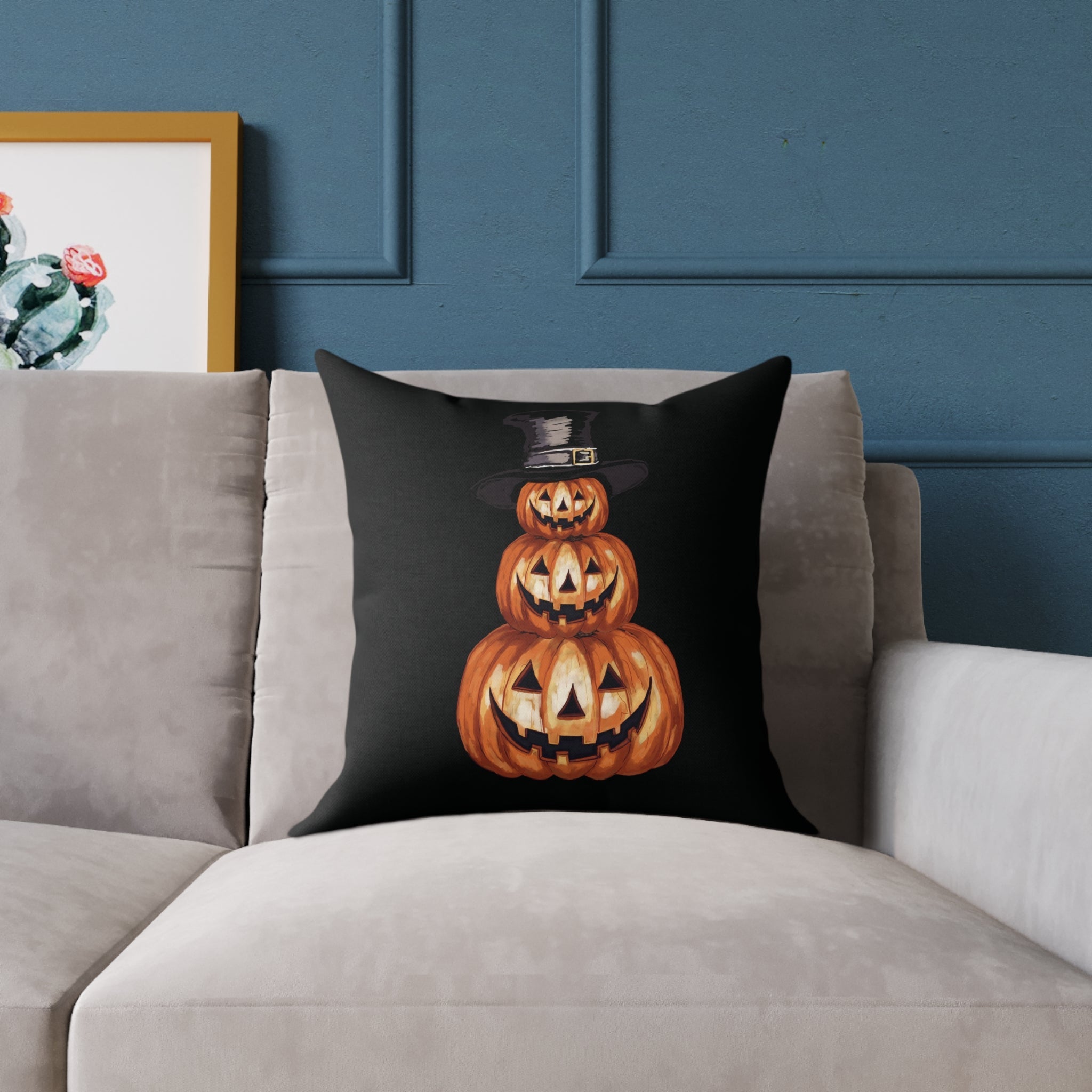 Halloween Jack O’ Lantern Pumpkin Stack Pillow — Orange Jack - O' - Lantern Decorative Cushion - Blue Cava