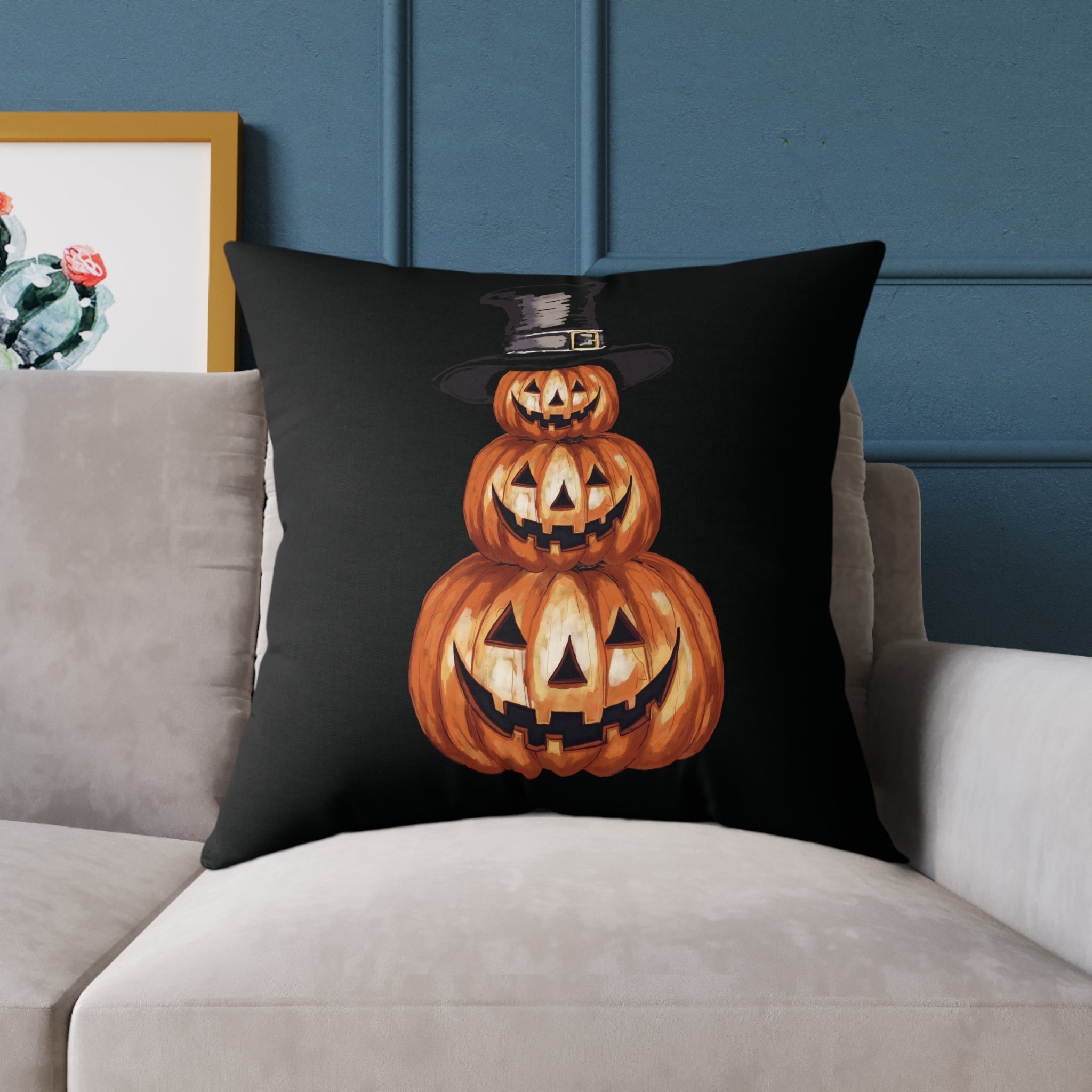 Halloween Jack O’ Lantern Pumpkin Stack Pillow — Orange Jack - O' - Lantern Decorative Cushion - Blue Cava