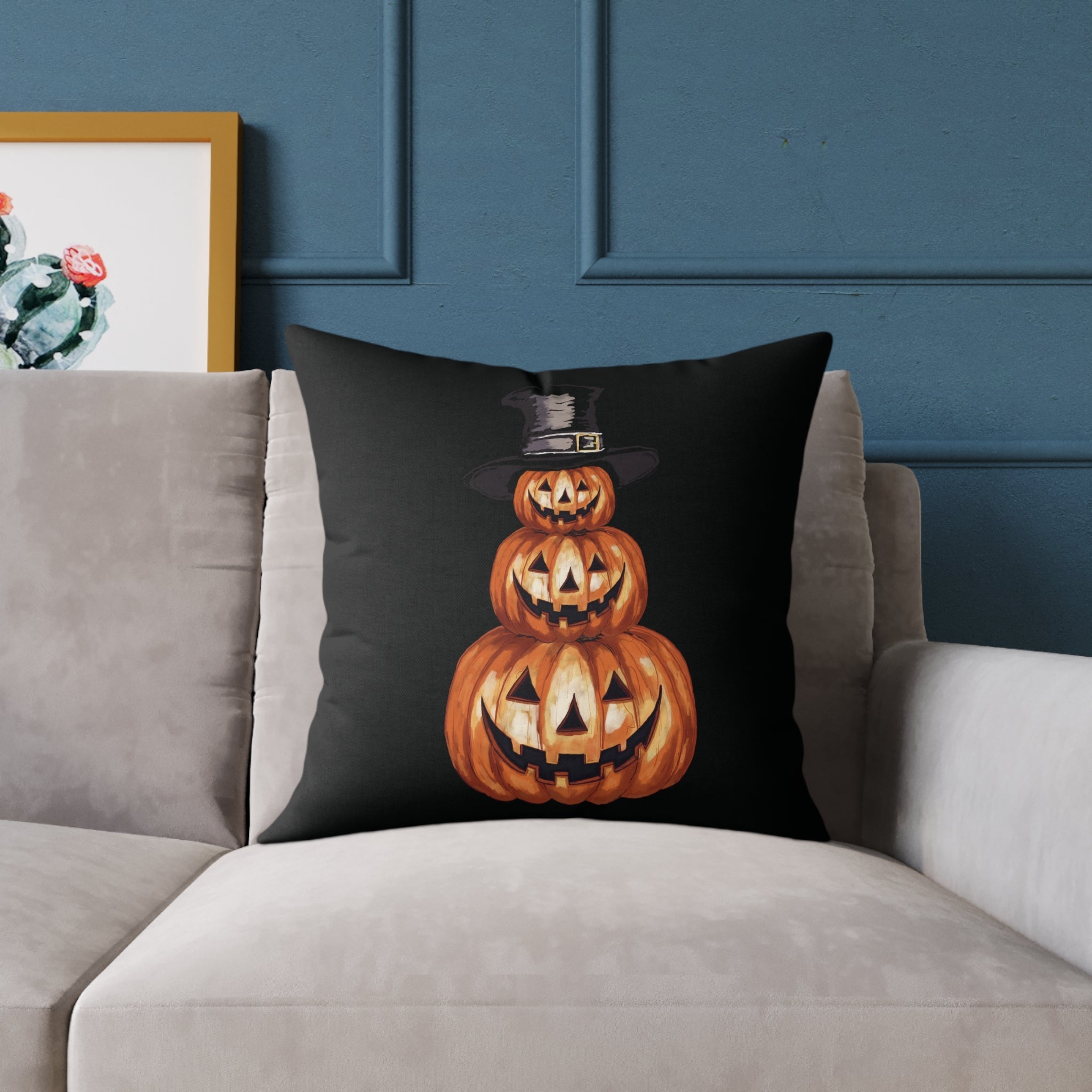 Halloween Jack O’ Lantern Pumpkin Stack Pillow — Orange Jack - O' - Lantern Decorative Cushion - Blue Cava