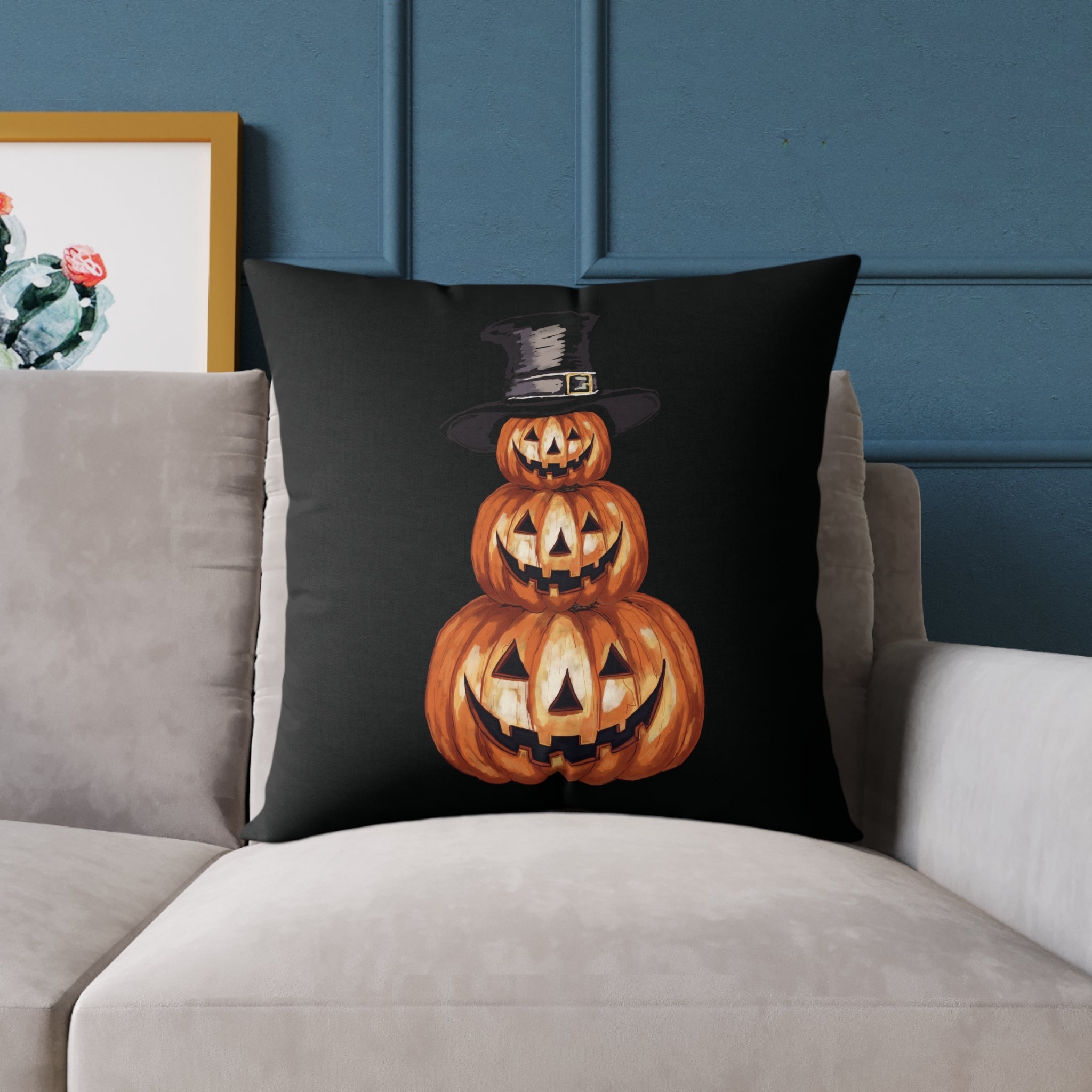 Halloween Jack O’ Lantern Pumpkin Stack Pillow — Orange Jack - O' - Lantern Decorative Cushion - Blue Cava