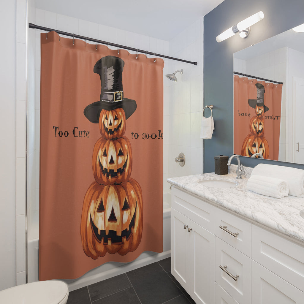Halloween. Jack O’ Lantern Pumpkin Stack Shower Curtain — "Too Cute to Spook" - Blue Cava