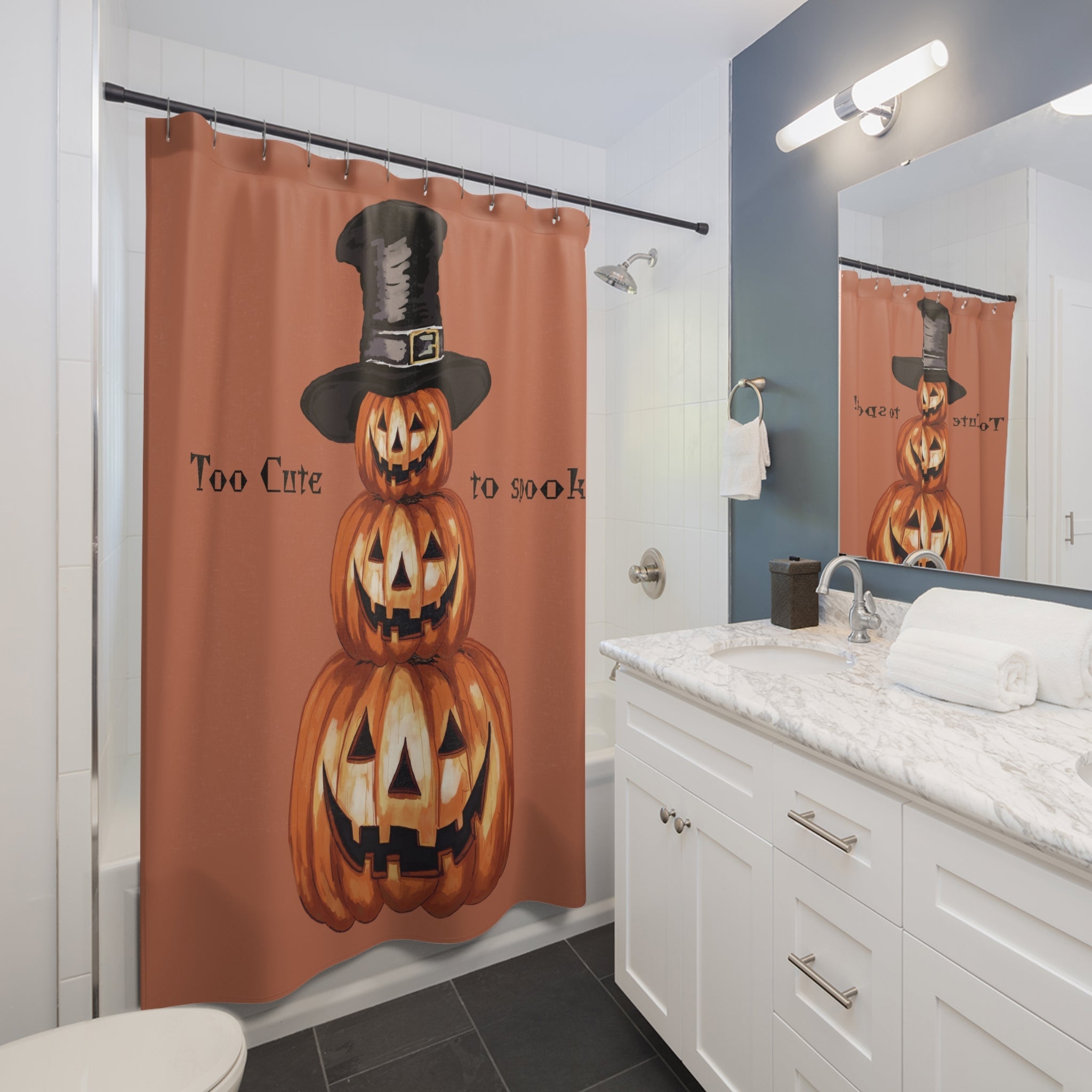 Halloween. Jack O’ Lantern Pumpkin Stack Shower Curtain — "Too Cute to Spook" - Blue Cava