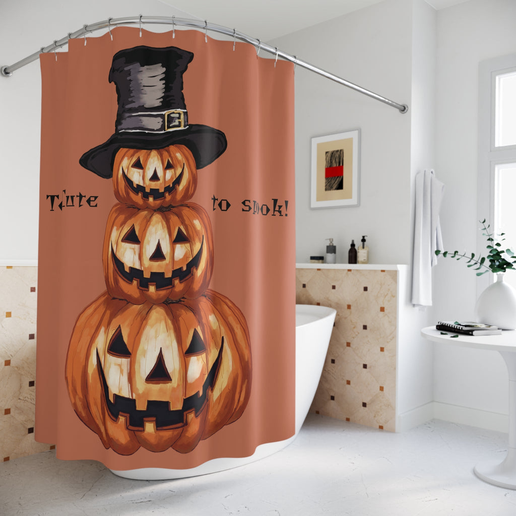 Halloween. Jack O’ Lantern Pumpkin Stack Shower Curtain — "Too Cute to Spook" - Blue Cava
