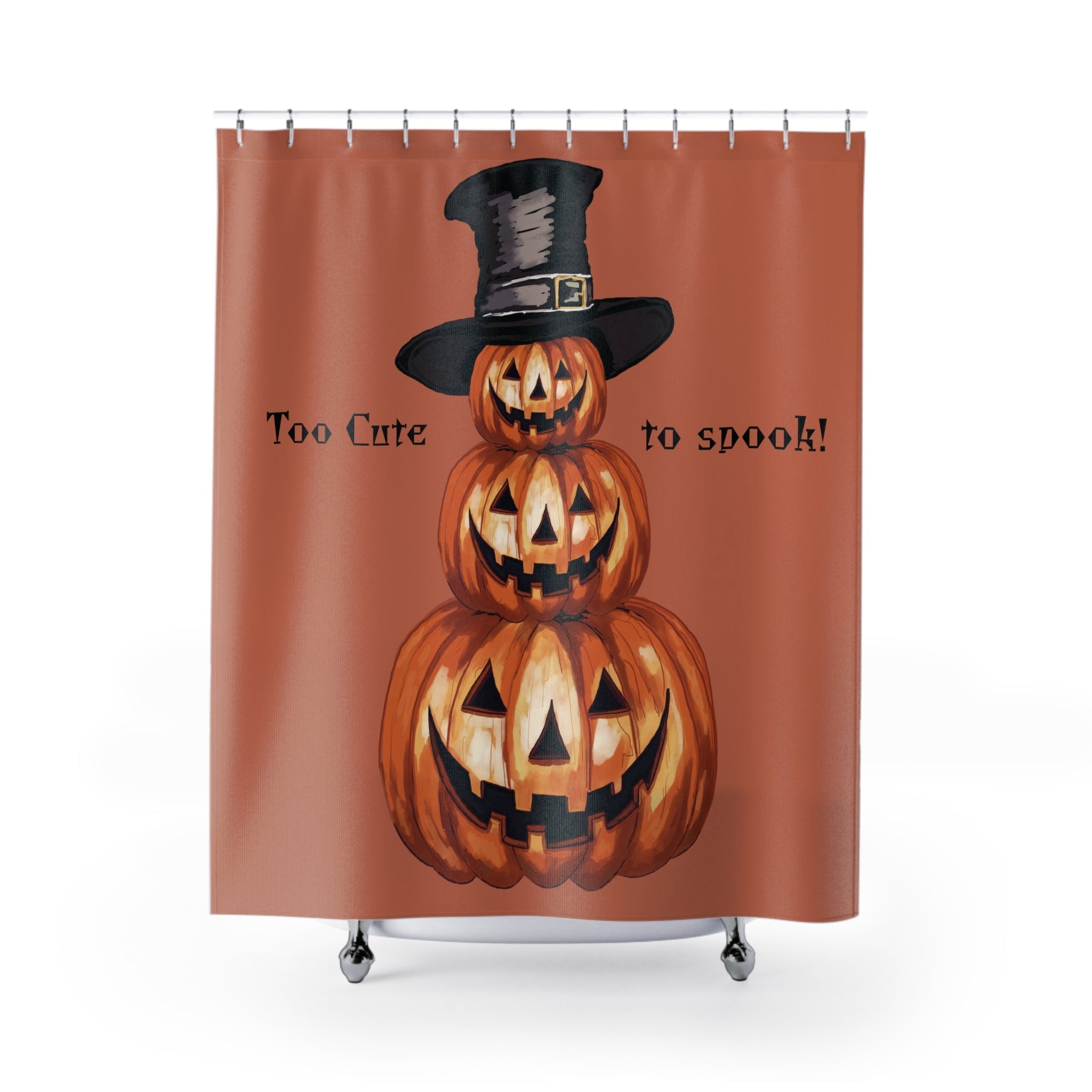 Halloween. Jack O’ Lantern Pumpkin Stack Shower Curtain — "Too Cute to Spook" - Blue Cava