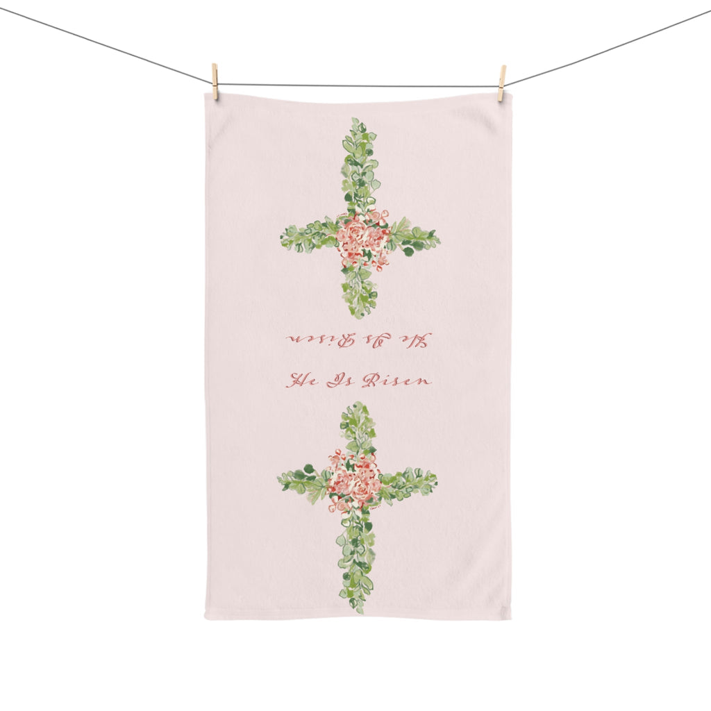 He Is Risen Floral Cross Cotton Hand Towel - Blue Cava