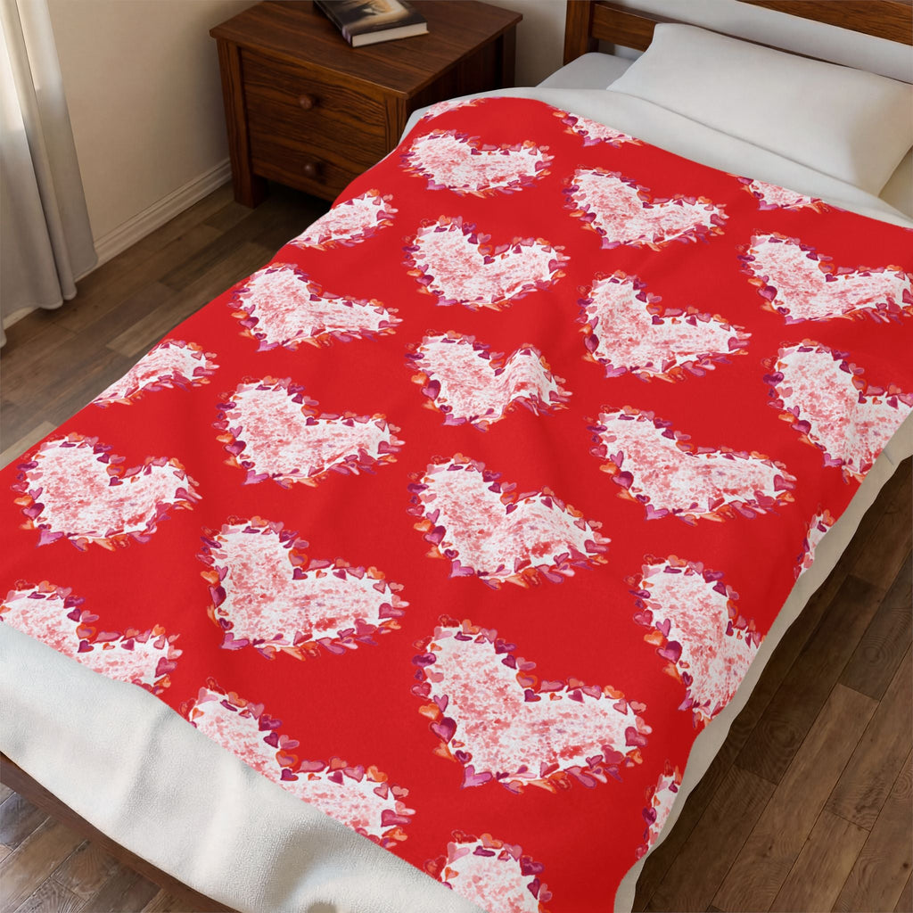 Heart Of Hearts Plush Blanket – Red Velveteen Cozy Throw - Blue Cava