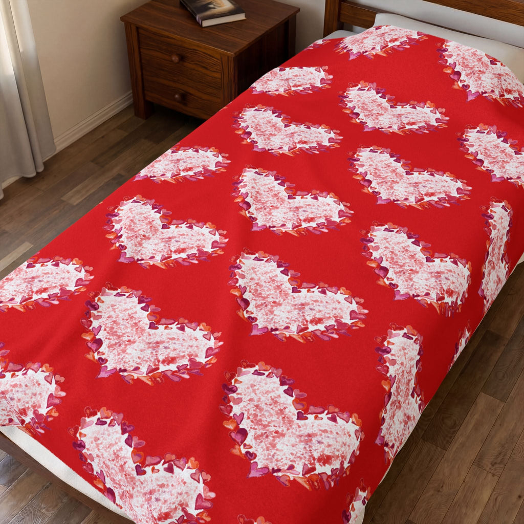 Heart Of Hearts Plush Blanket – Red Velveteen Cozy Throw - Blue Cava