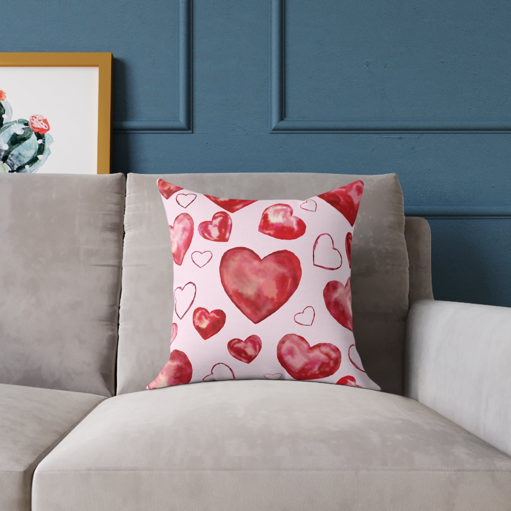 Heart Watercolor Pillow – Pink Valentine Decorative Throw Cushion - Blue Cava