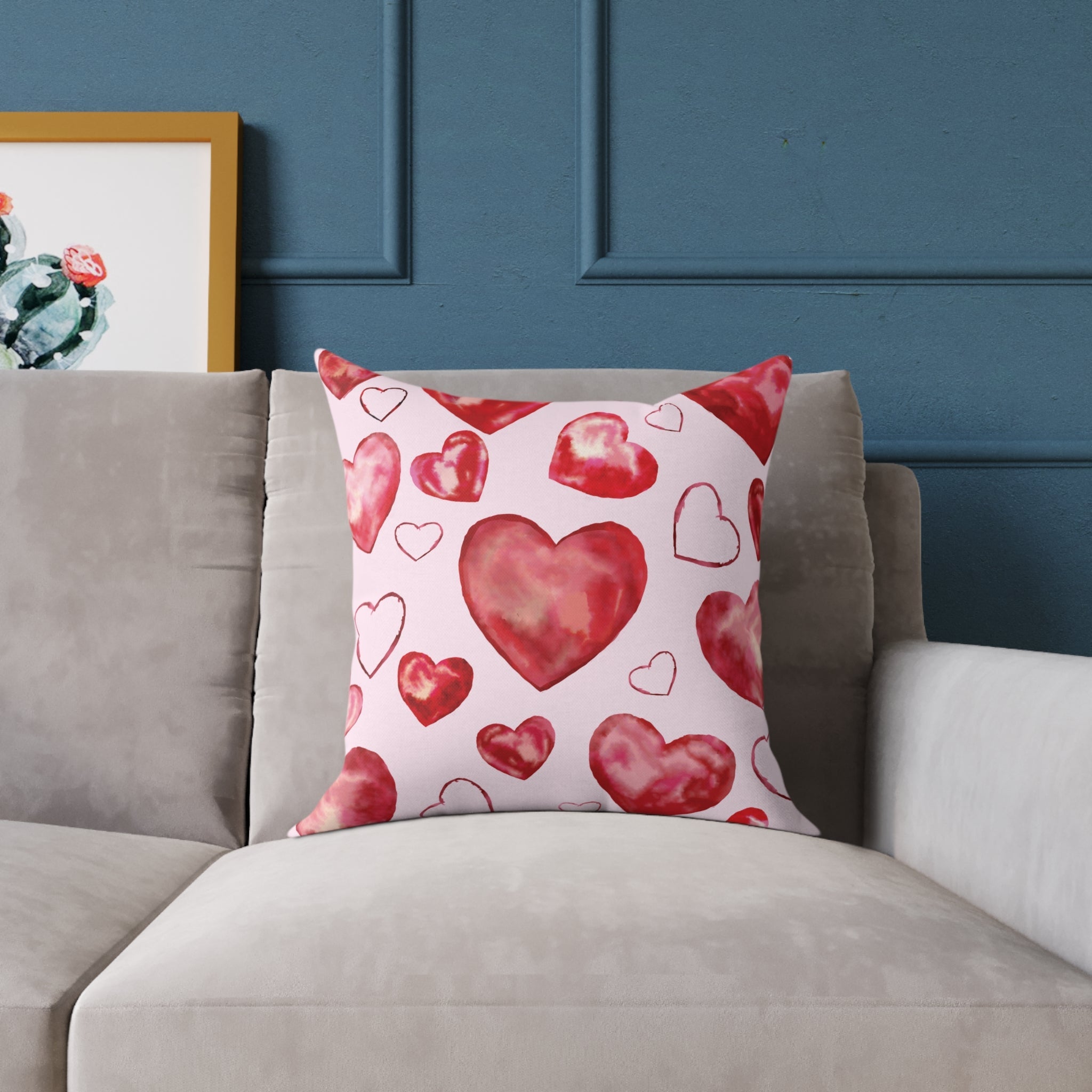 Heart Watercolor Pillow – Pink Valentine Decorative Throw Cushion - Blue Cava