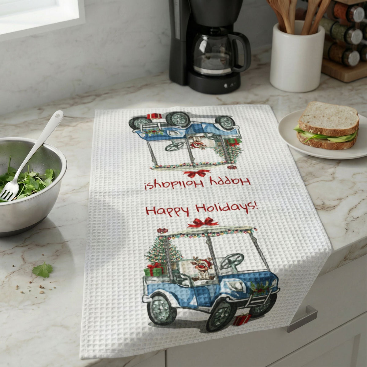 Holiday Golf Cart Waffle Kitchen Towel – "Happy Holidays!" - Blue Cava