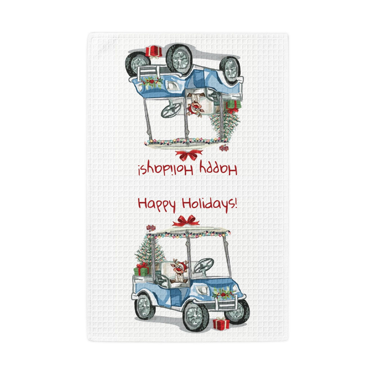 Holiday Golf Cart Waffle Kitchen Towel – "Happy Holidays!" - Blue Cava