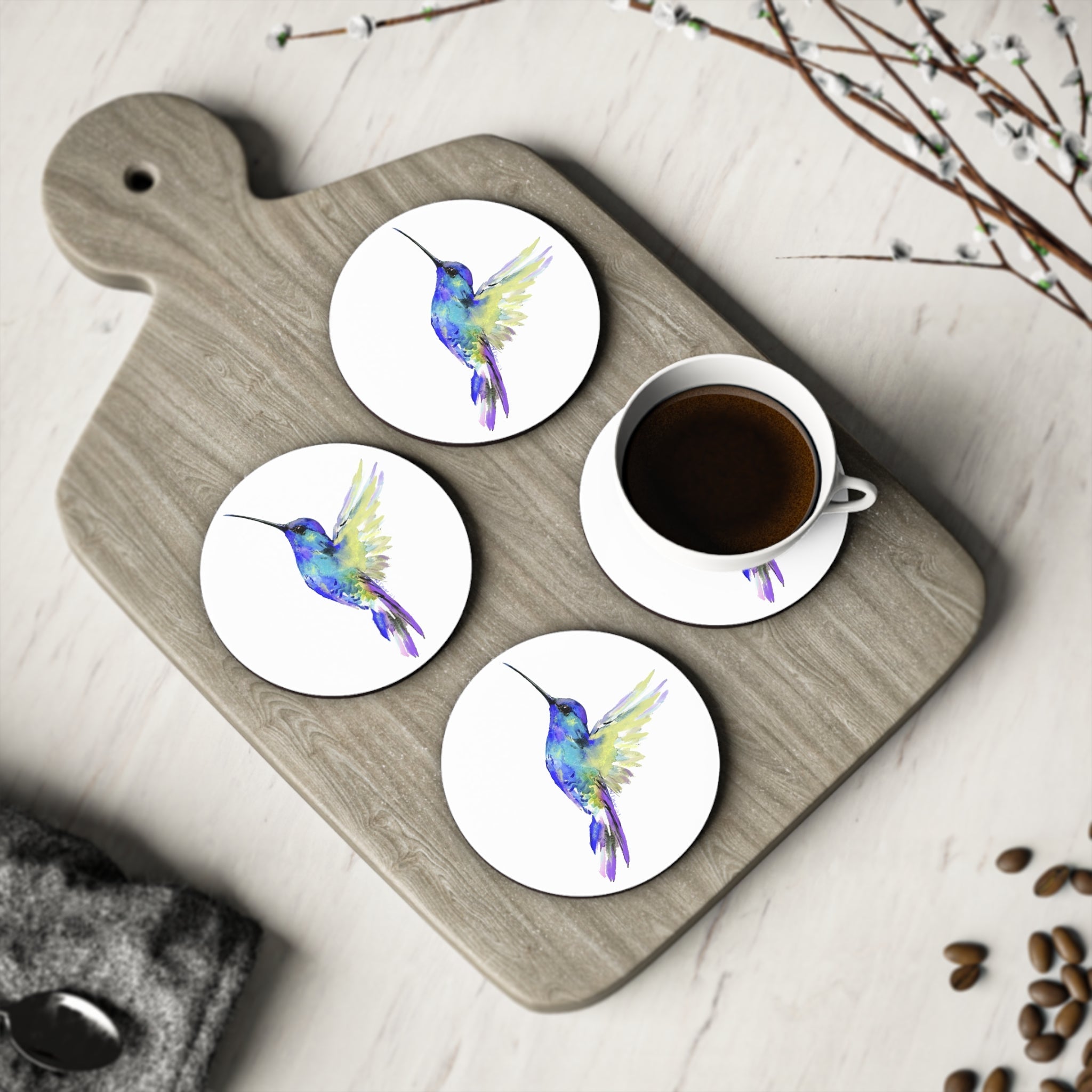 Hummingbird "Flossie" Coaster sets - Round and square - Blue Cava