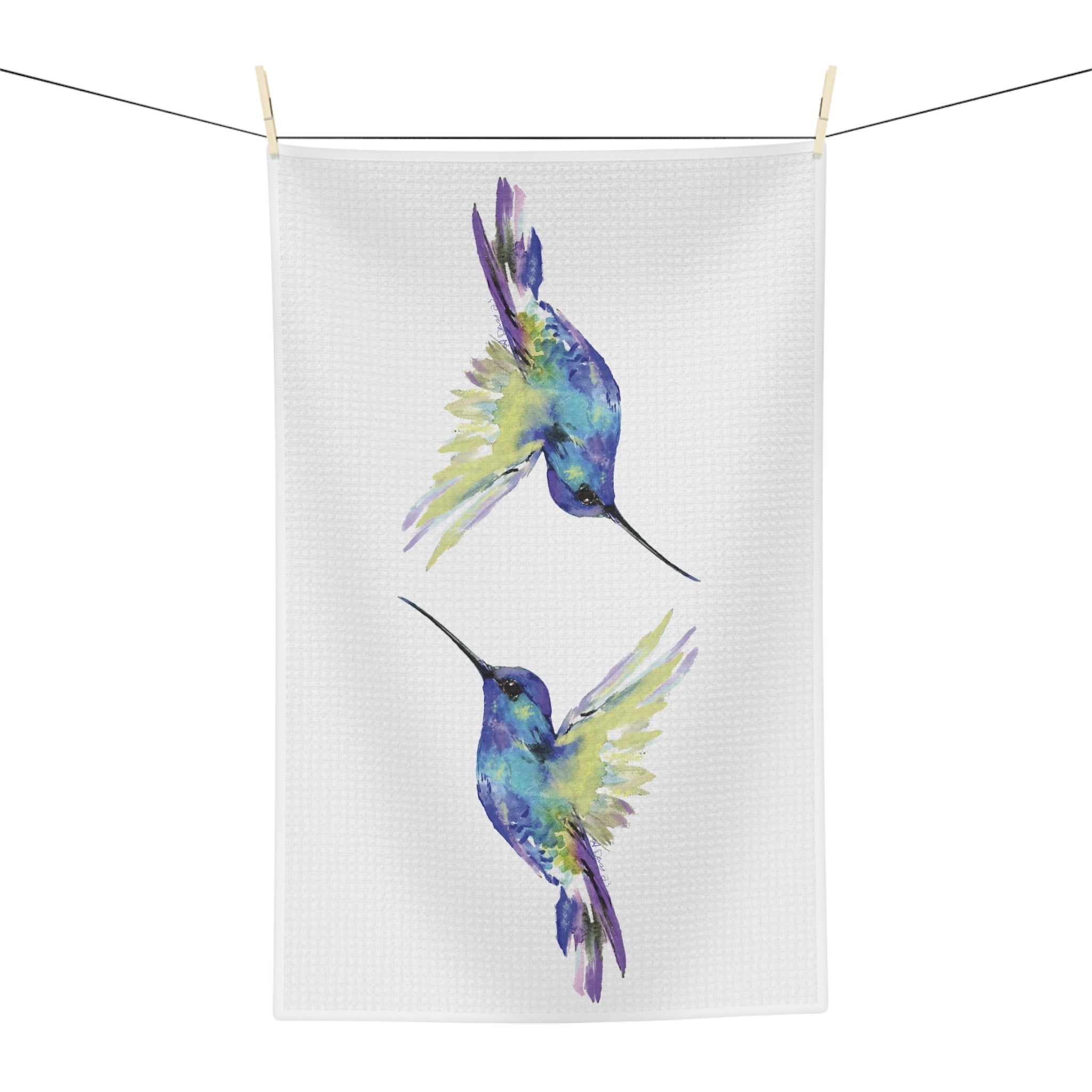 Hummingbird Microfiber Waffle Kitchen Towel — Lint - Free Dish & Glass Drying Cloth (16" x 25") - Blue Cava
