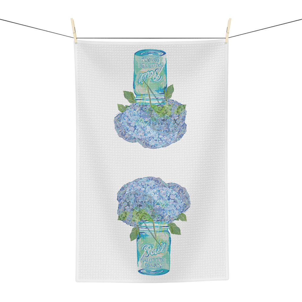 Hydrangea Mason Jar Microfiber Waffle Kitchen Towel - Blue Cava