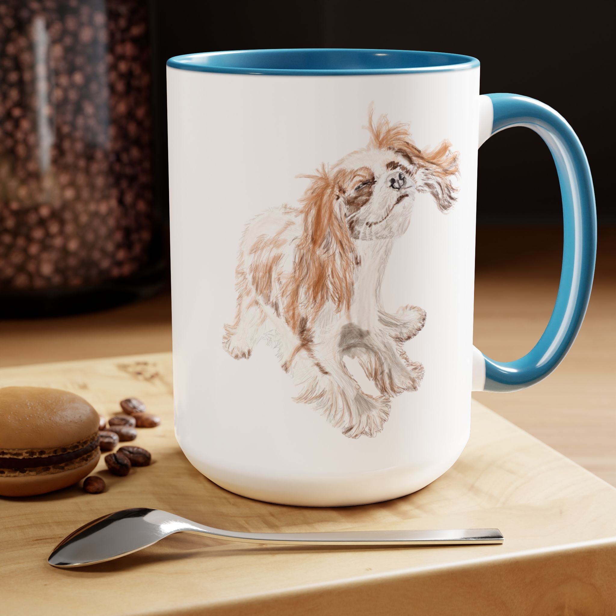 King Charles Puppy Dog "Teddy" Two - Tone Ceramic Coffee Mugs - Blue Cava