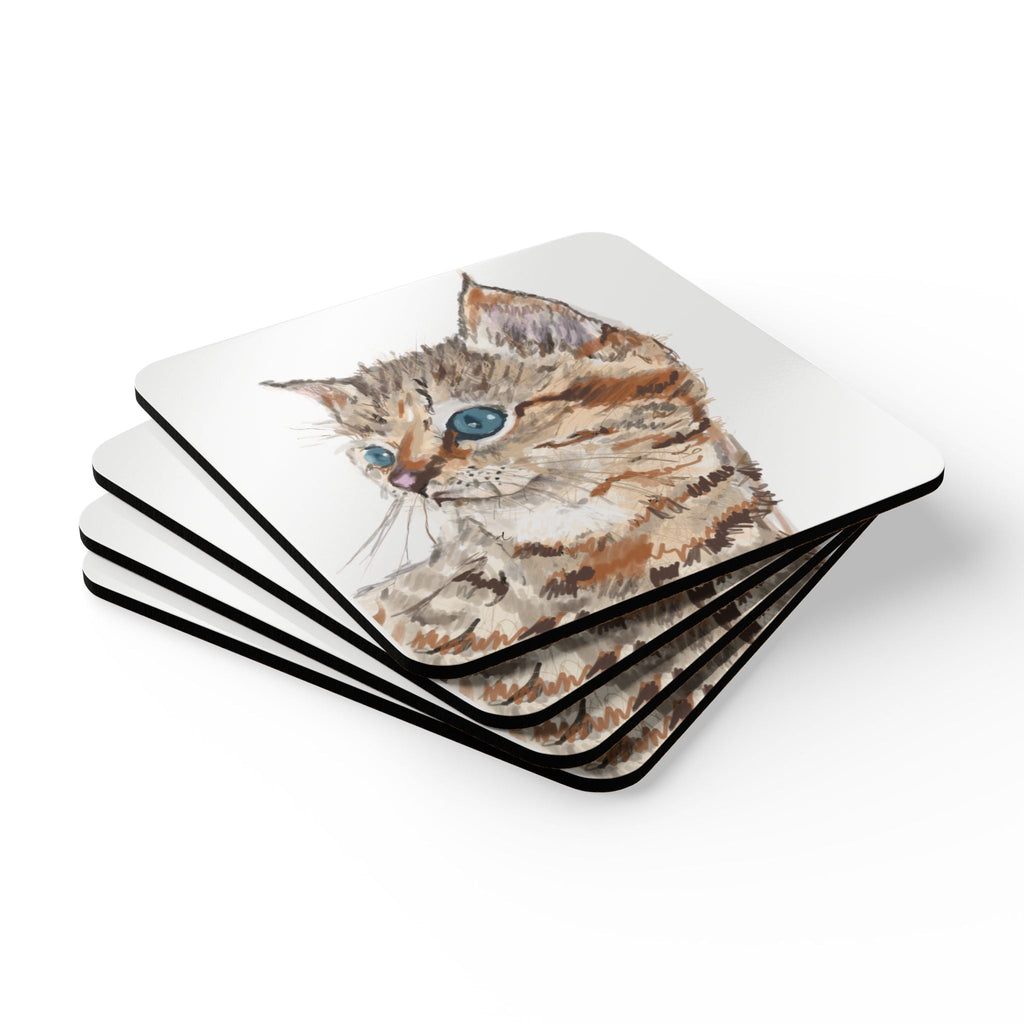 Kitten Cork Back Coaster Set - Blue Cava