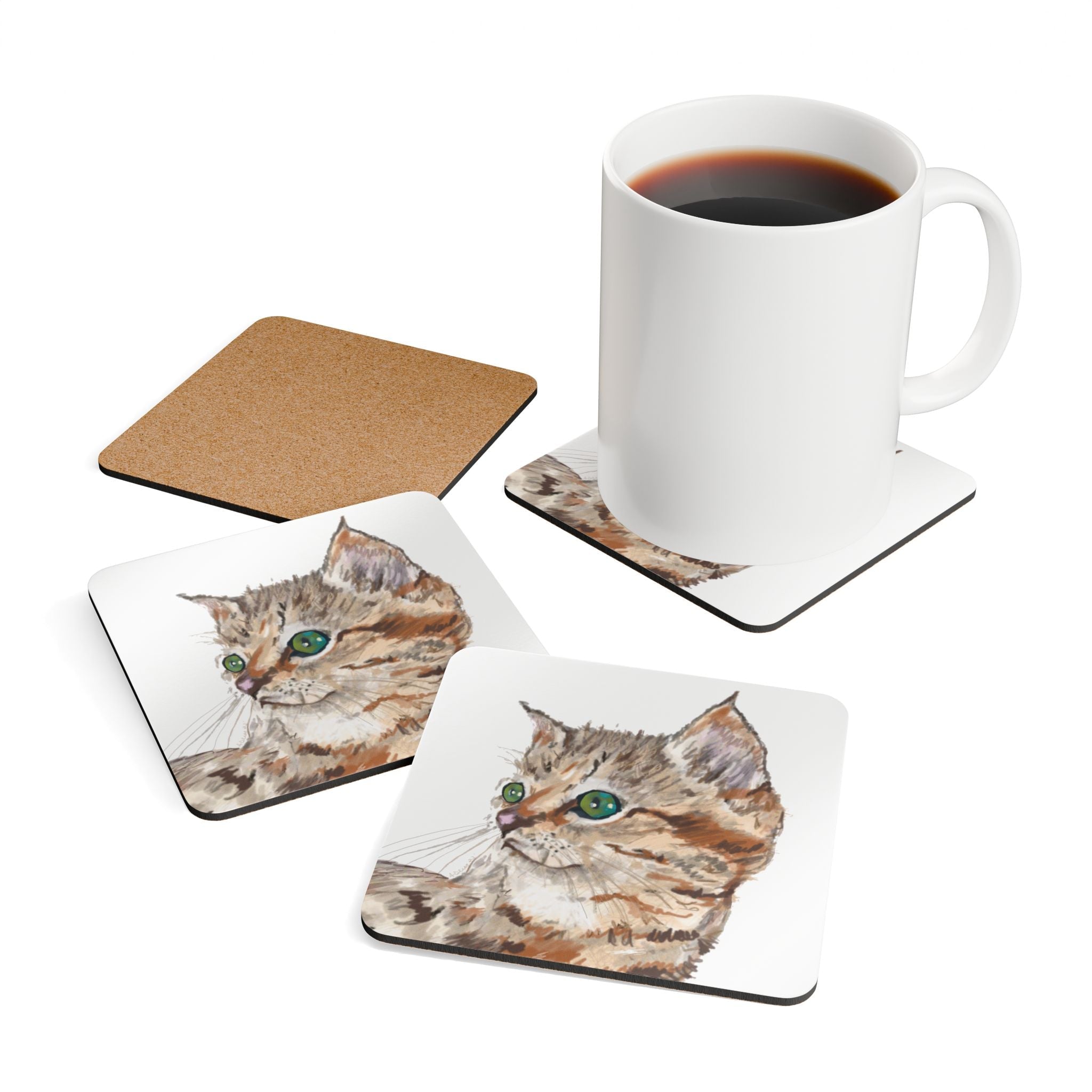 Kitten Corkwood Coaster Set - Blue Cava