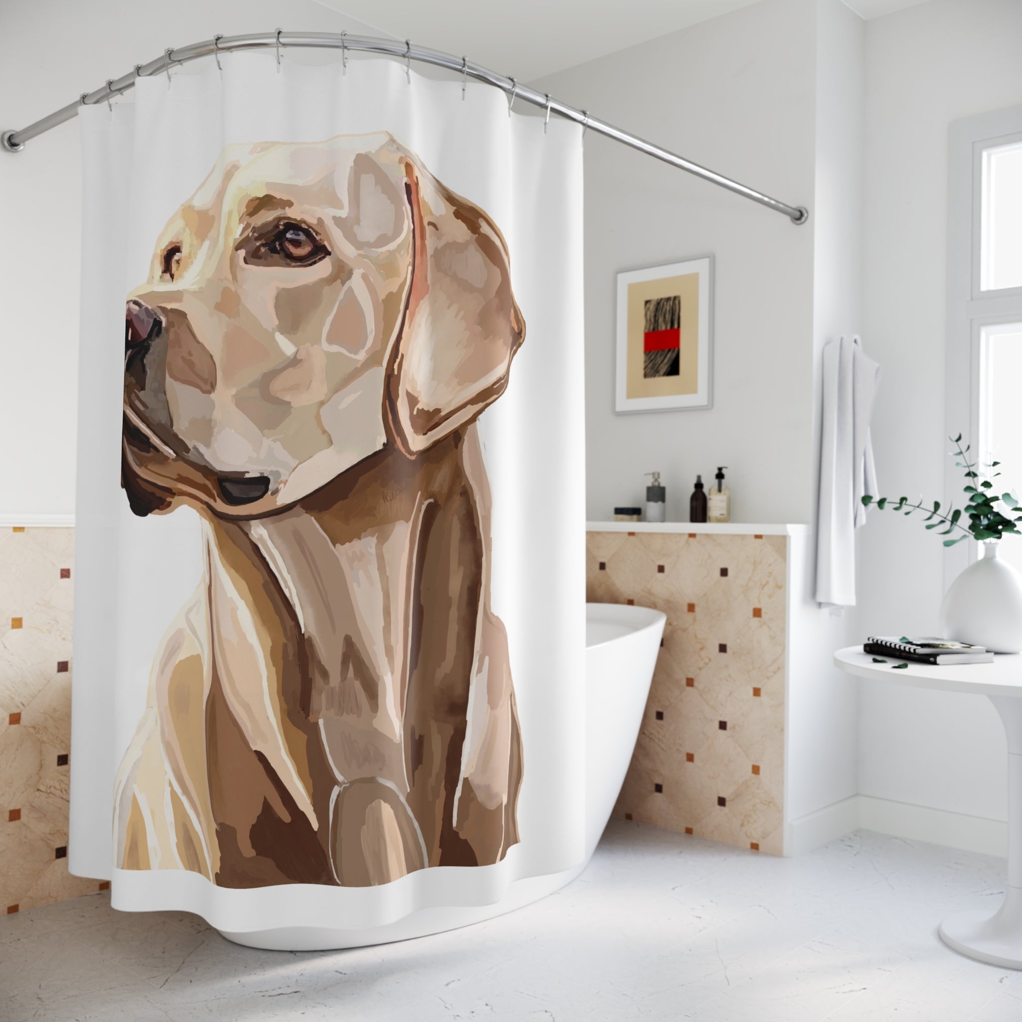 Labrador Portrait Shower Curtain — Neutral Tone Dog Bathroom Decor - Blue Cava
